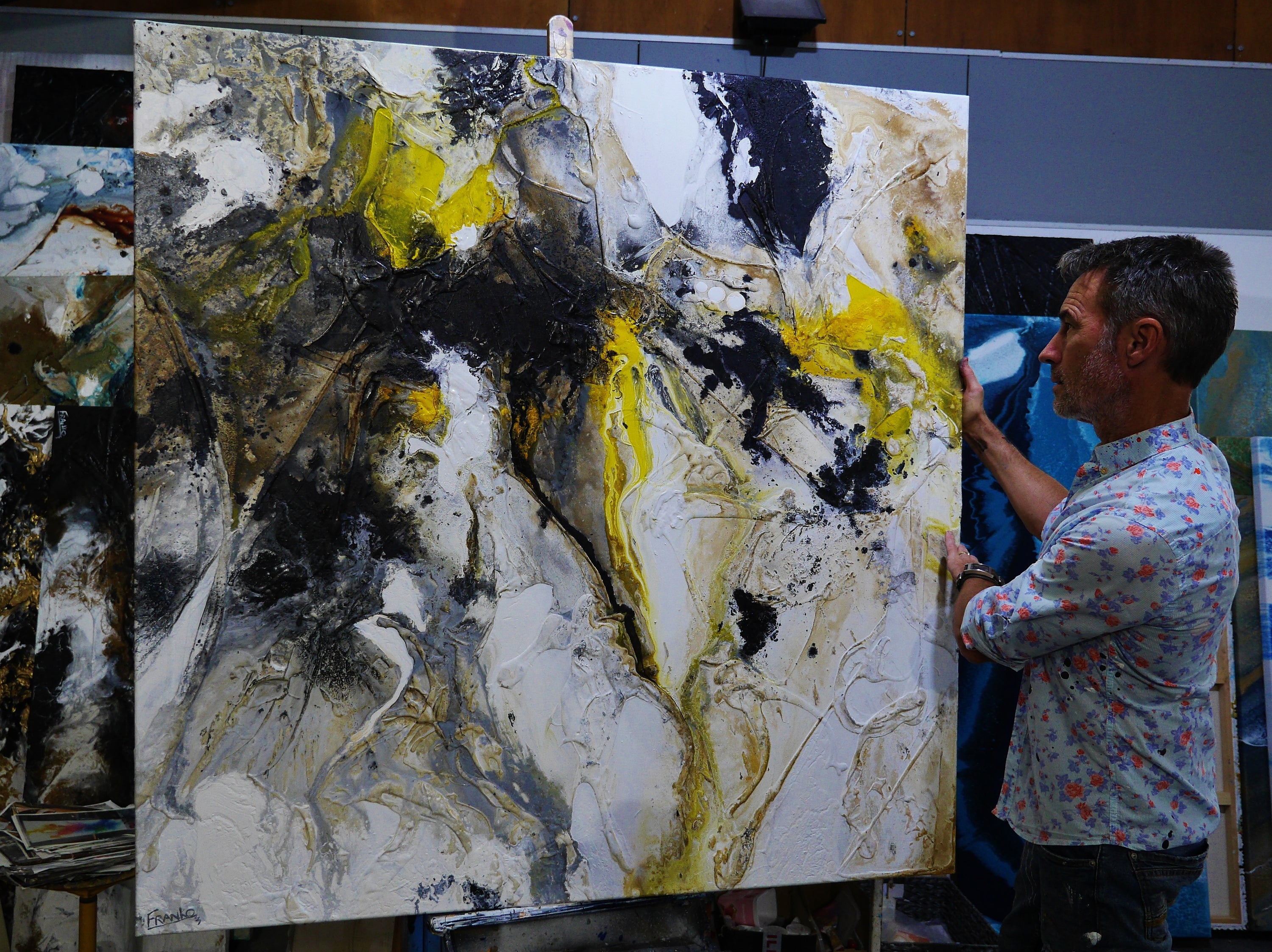 Hello Yellow 150cm x 150cm Black Yellow White Grey Textured Abstract Painting (SOLD)