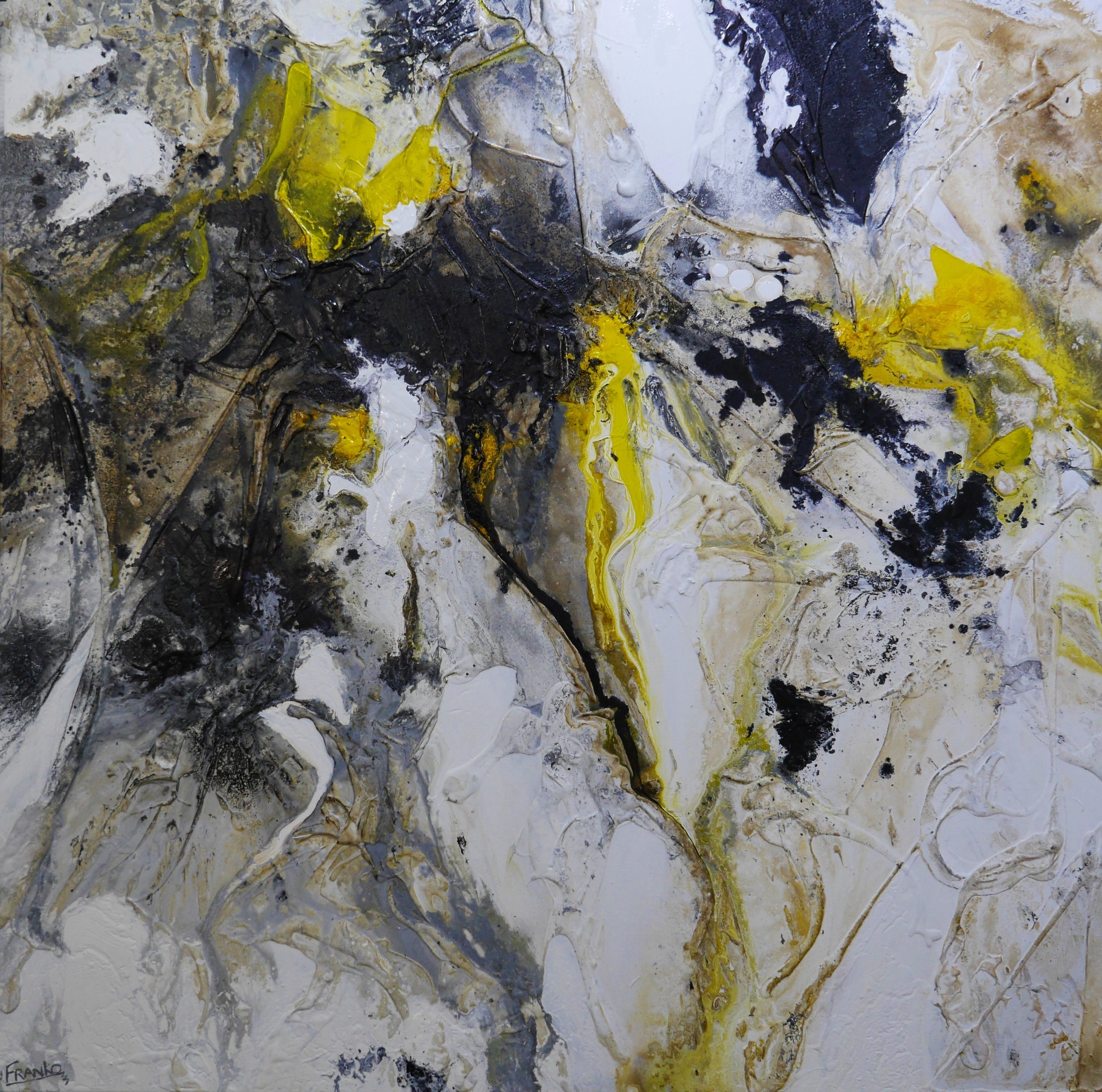 Hello Yellow 150cm x 150cm Black Yellow White Grey Textured Abstract Painting (SOLD)