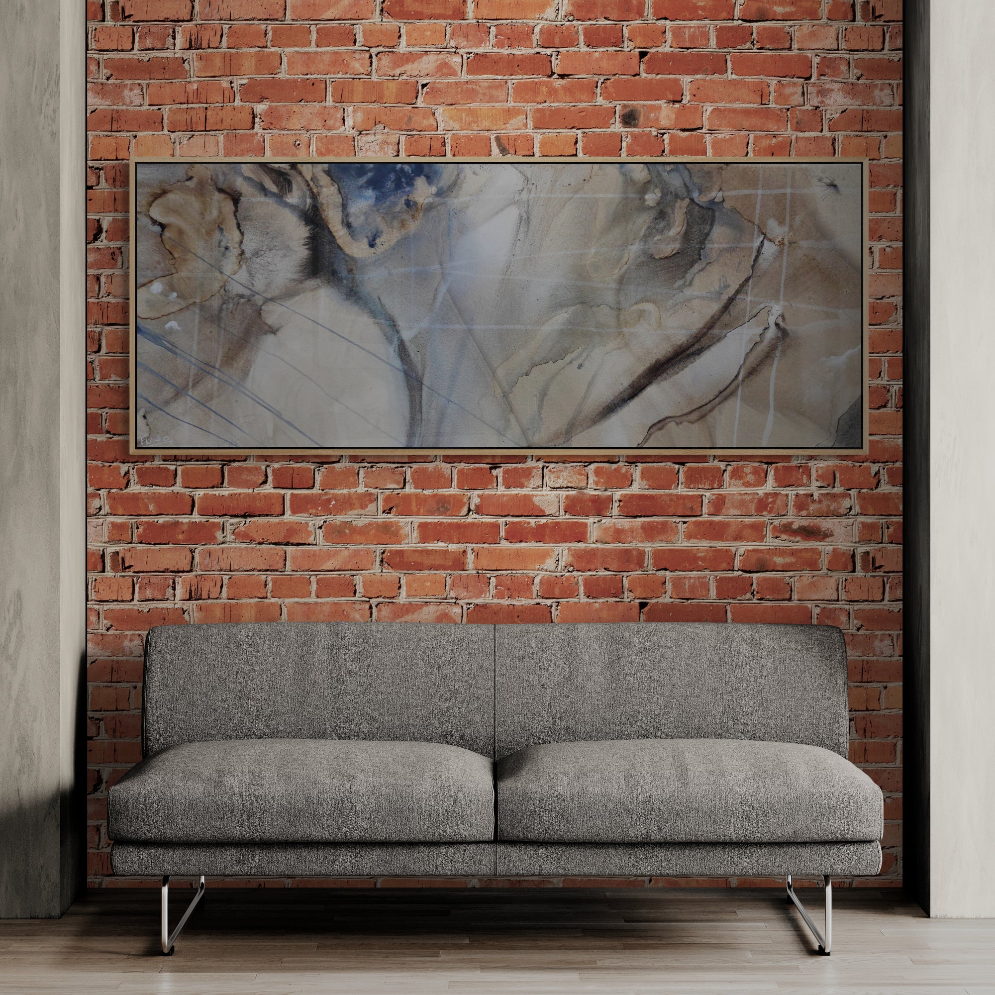 Refined 69 200cm x 80cm Cream Blue Rust White Grey Blended Abstract Painting Oak Frame