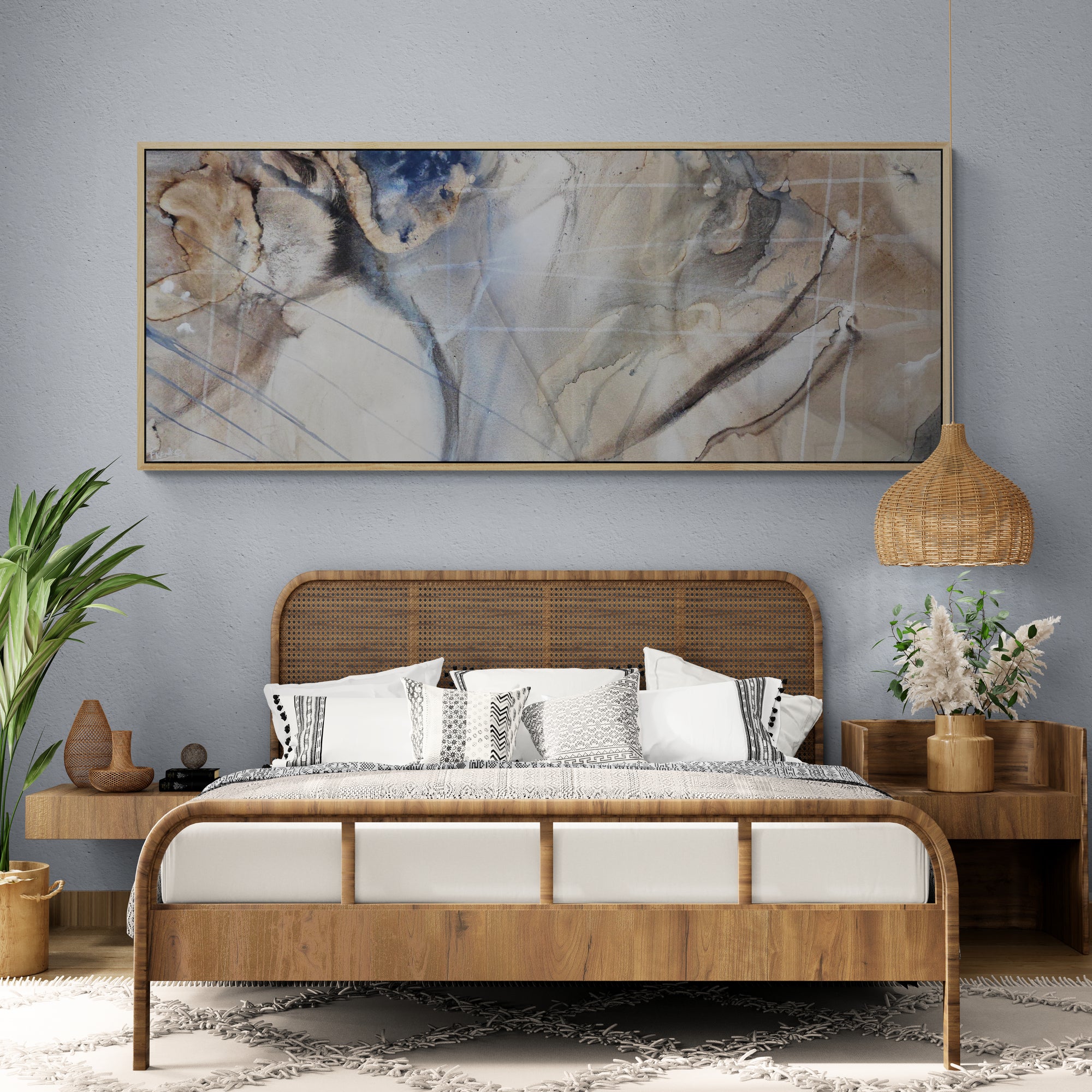 Refined 69 200cm x 80cm Cream Blue Rust White Grey Blended Abstract Painting Oak Frame