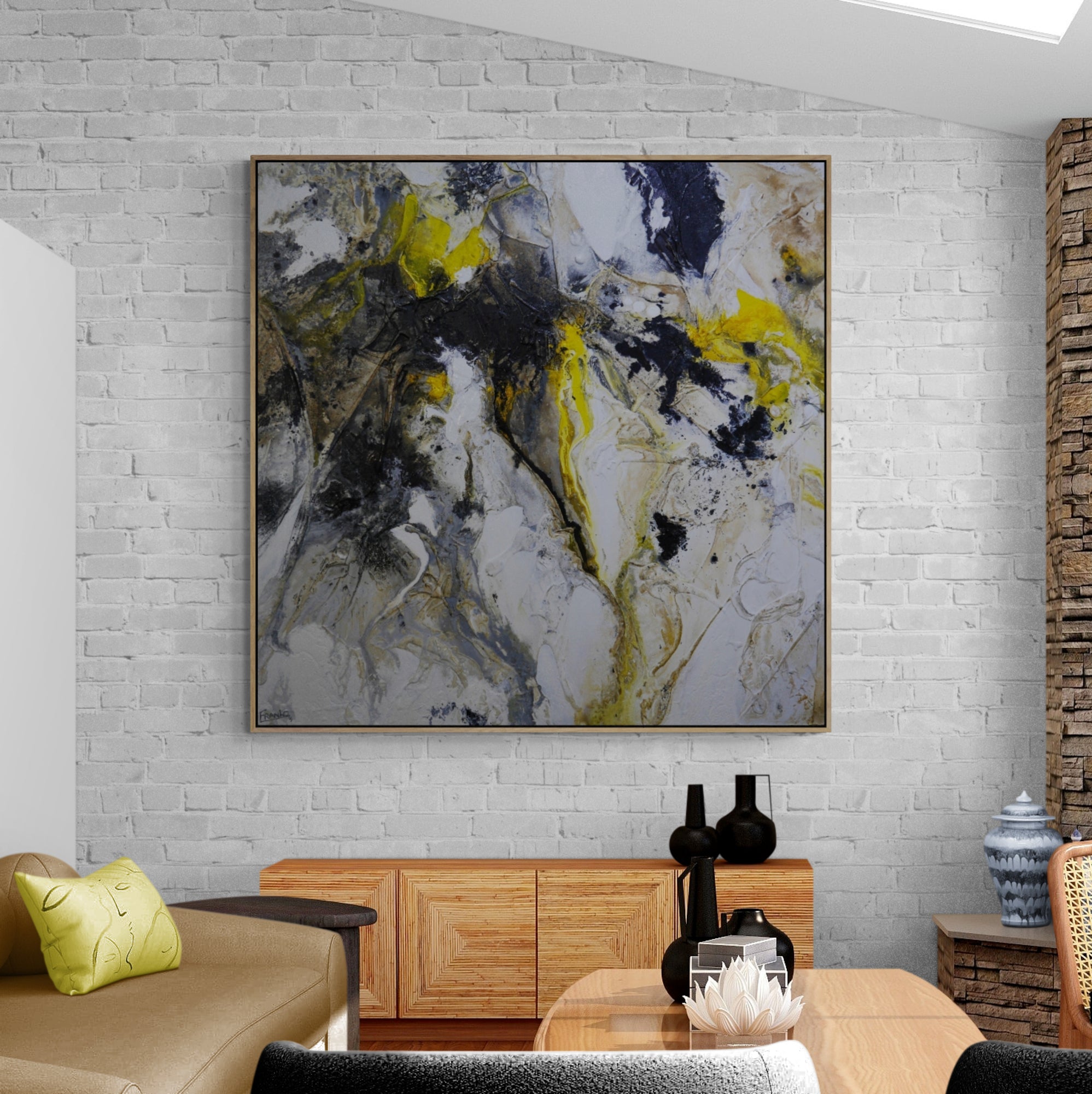 Hello Yellow 150cm x 150cm Black Yellow White Grey Textured Abstract Painting