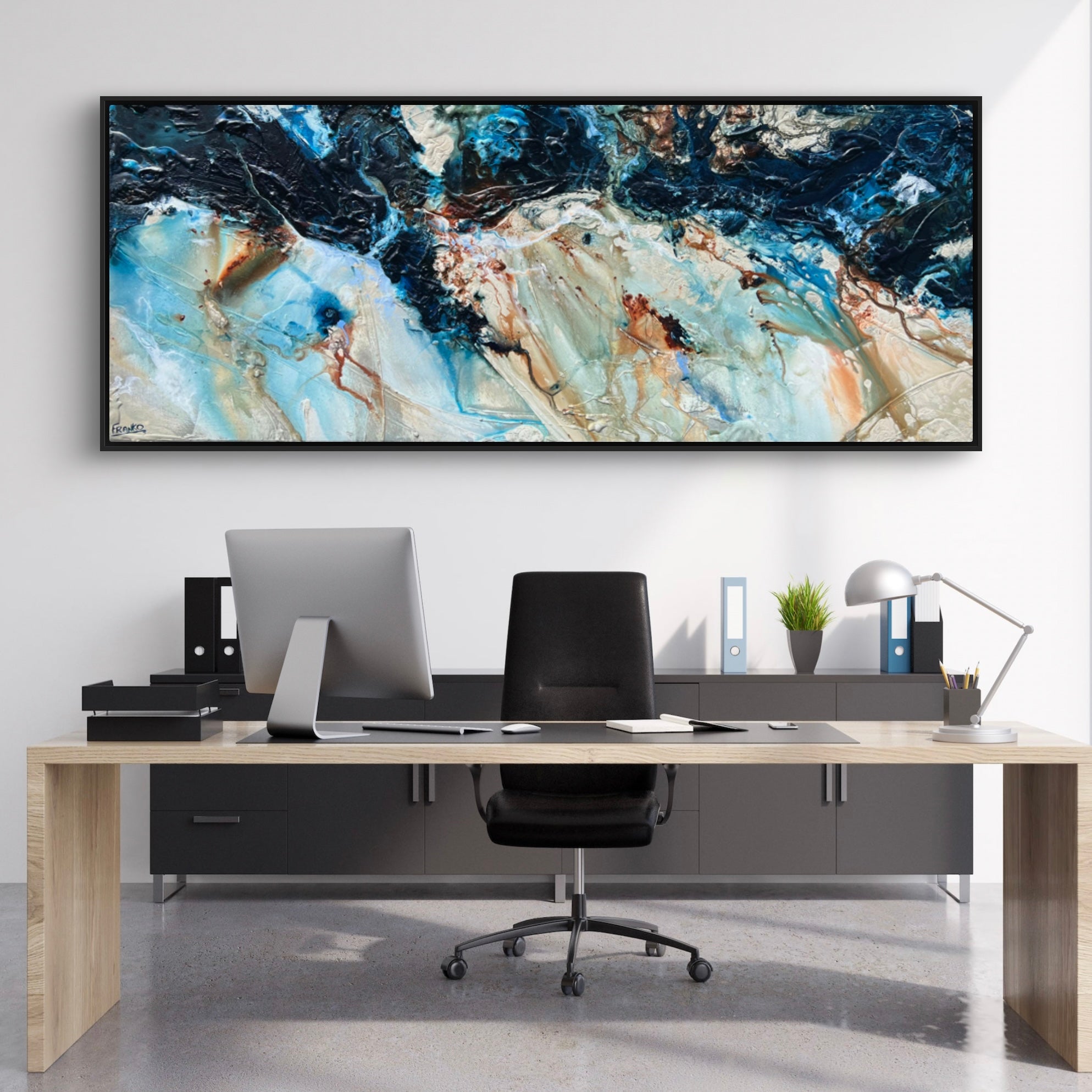 After Midnight 200cm x 80cm Blue Ochre Textured Abstract Painting (SOLD)
