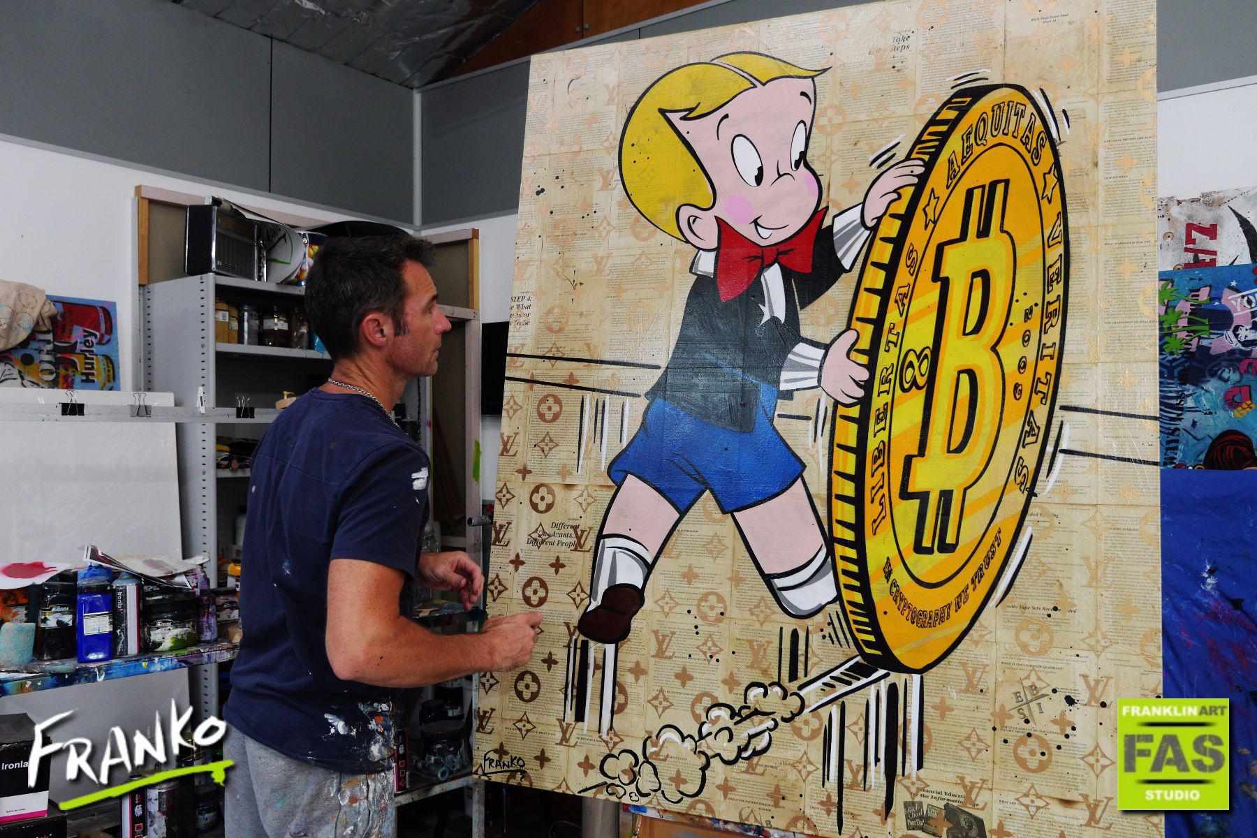 A Rolling Investment 120cm x 150cm Richie Rich Bitcoin (SOLD)-bitcoin themed-Franko-[franko_artist]-[Art]-[interior_design]-Franklin Art Studio