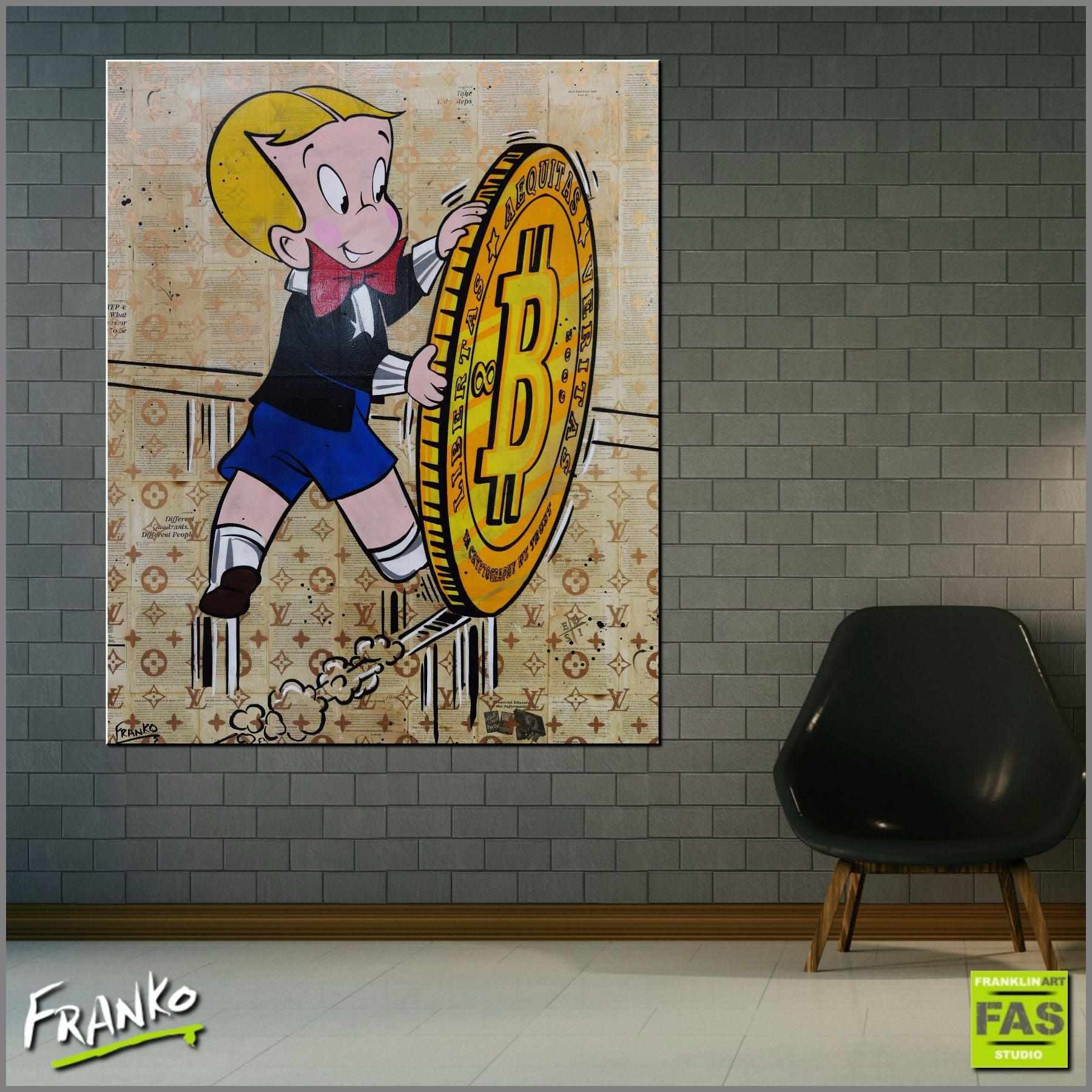 A Rolling Investment 120cm x 150cm Richie Rich Bitcoin (SOLD)-bitcoin themed-Franko-[Franko]-[huge_art]-[Australia]-Franklin Art Studio