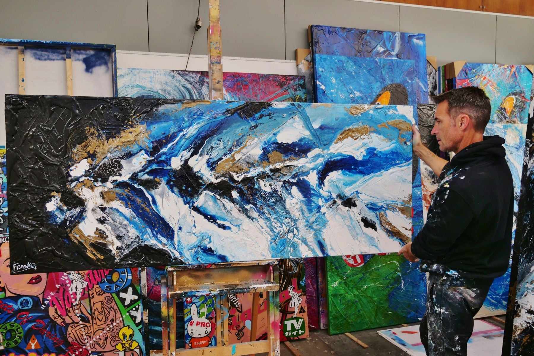 Admiralty 200cm x 80cm Blue Gold Textured Abstract Painting (SOLD)-Abstract-[Franko Artist]-[Gold Coast]-[Brisbane]-[Huge]-Franklin Art Studio
