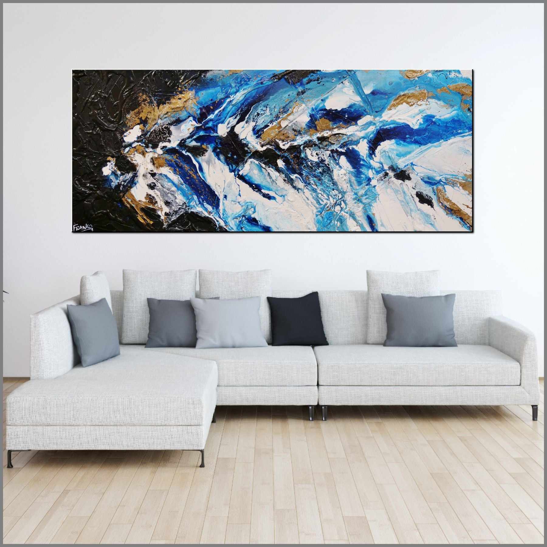 Admiralty 200cm x 80cm Blue Gold Textured Abstract Painting (SOLD)-Abstract-Franko-[Franko]-[huge_art]-[Australia]-Franklin Art Studio