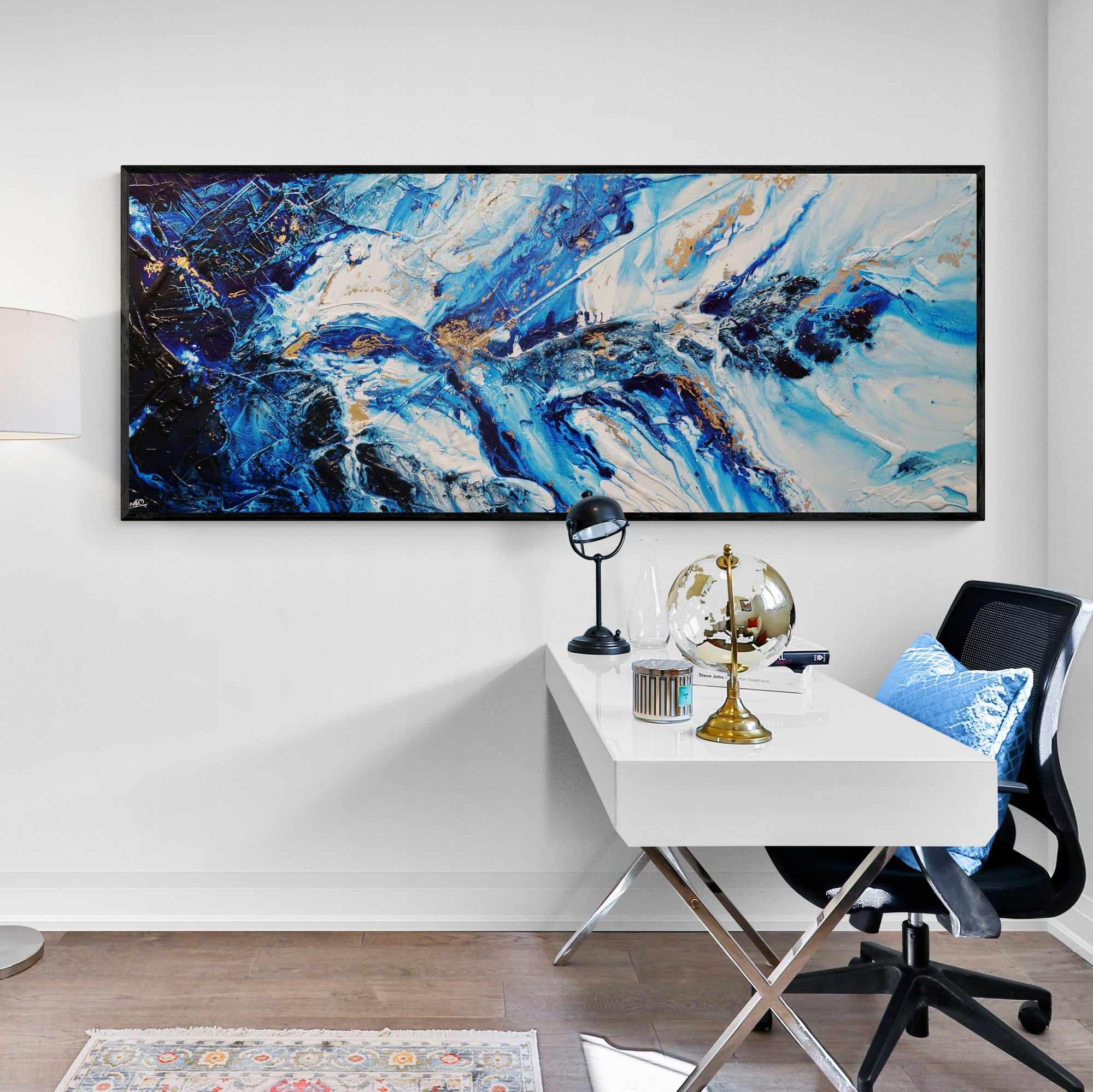Admiralty Sapphire 200cm x 80cm Blue White Gold Textured Abstract Painting (SOLD)-Abstract-[Franko Artist]-[Gold Coast]-[Brisbane]-[Huge]-Franklin Art Studio