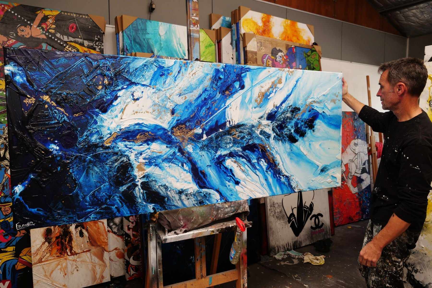 Admiralty Sapphire 200cm x 80cm Blue White Gold Textured Abstract Painting (SOLD)-Abstract-[Franko Artist]-[Cheryl]-[Wendy]-[Gabriela]-Franklin Art Studio