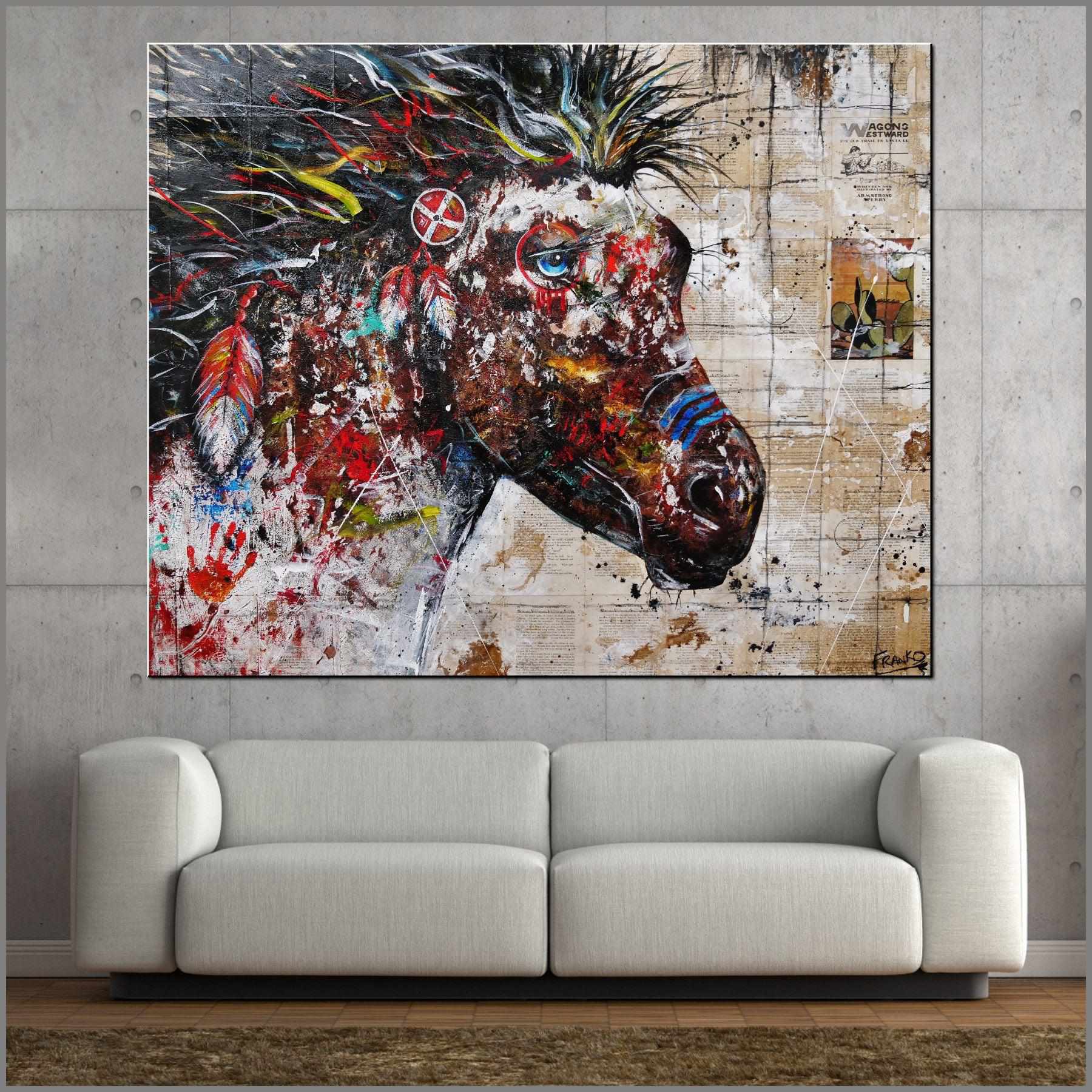 Ahiga Blue Stripe 120cm x 150cm Indian War Horse Abstract Realism Book Club Painting (SOLD)-book club-Franko-[Franko]-[huge_art]-[Australia]-Franklin Art Studio
