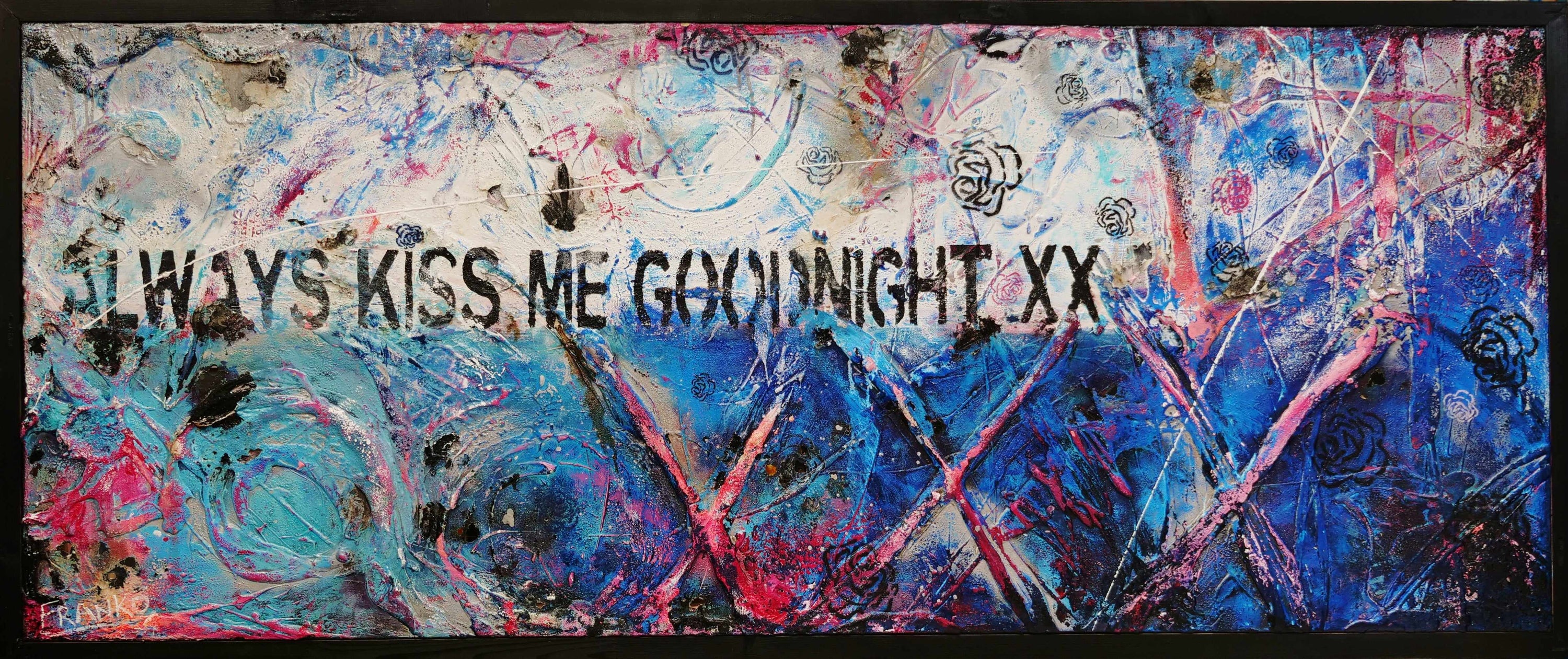Always Kissing Blue 200cm x 80cm Always Kiss Me Goodnight Textured Urban Pop Art Painting (SOLD)-Urban Pop Art-Franko-[Franko]-[Australia_Art]-[Art_Lovers_Australia]-Franklin Art Studio