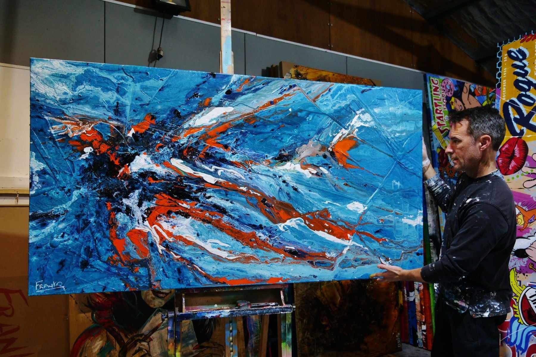 Aqua Duct 190cm x 100cm Blue Orange Textured Abstract Painting (SOLD)-Abstract-[Franko Artist]-[Gold Coast]-[Brisbane]-[Huge]-Franklin Art Studio