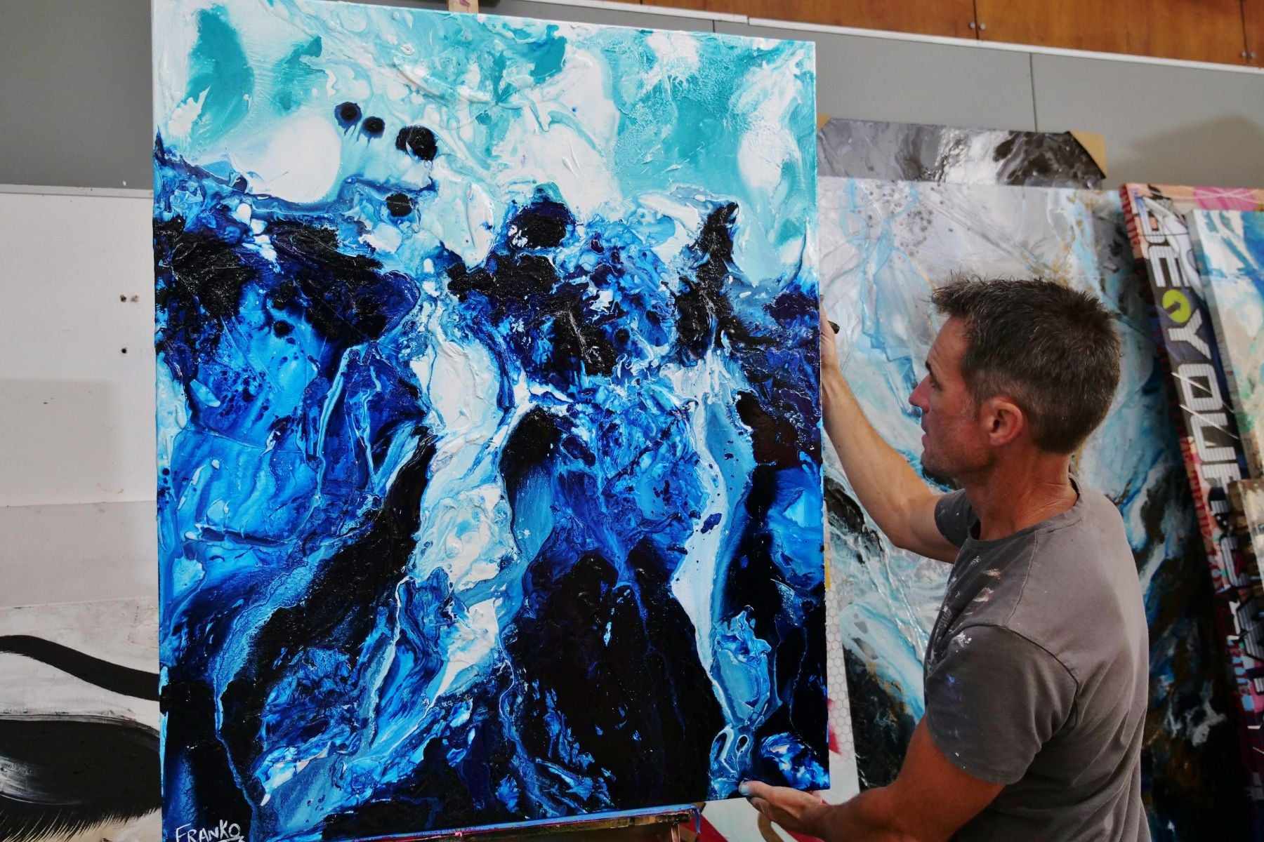 Aqua Motion 120cm x 100cm Blue White Textured Abstract Painting (SOLD)-Abstract-[Franko Artist]-[Gold Coast]-[Brisbane]-[Huge]-Franklin Art Studio