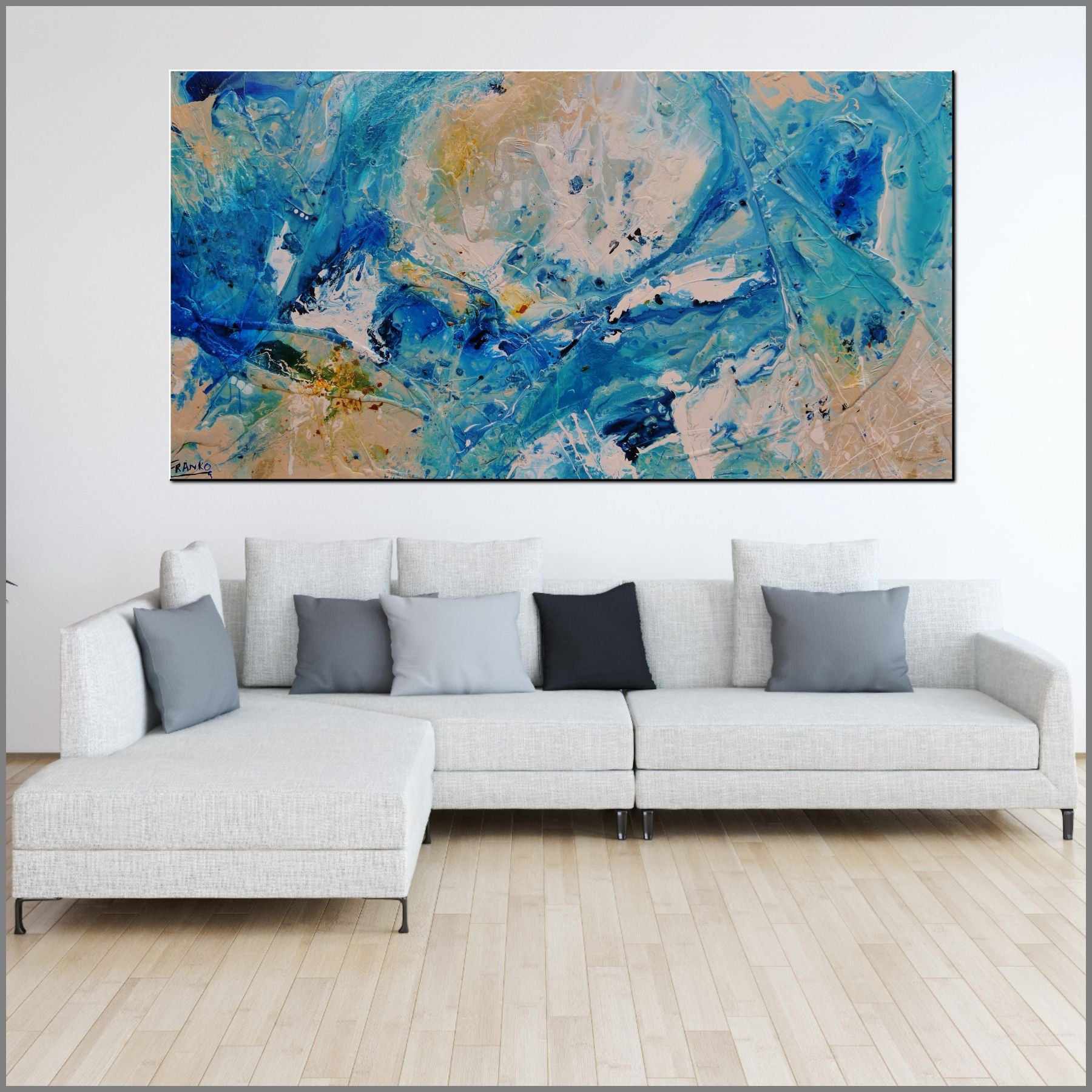 Aquarius 190cm x 100cm Blue Cream Textured Abstract Painting (SOLD)-Abstract-Franko-[Franko]-[huge_art]-[Australia]-Franklin Art Studio
