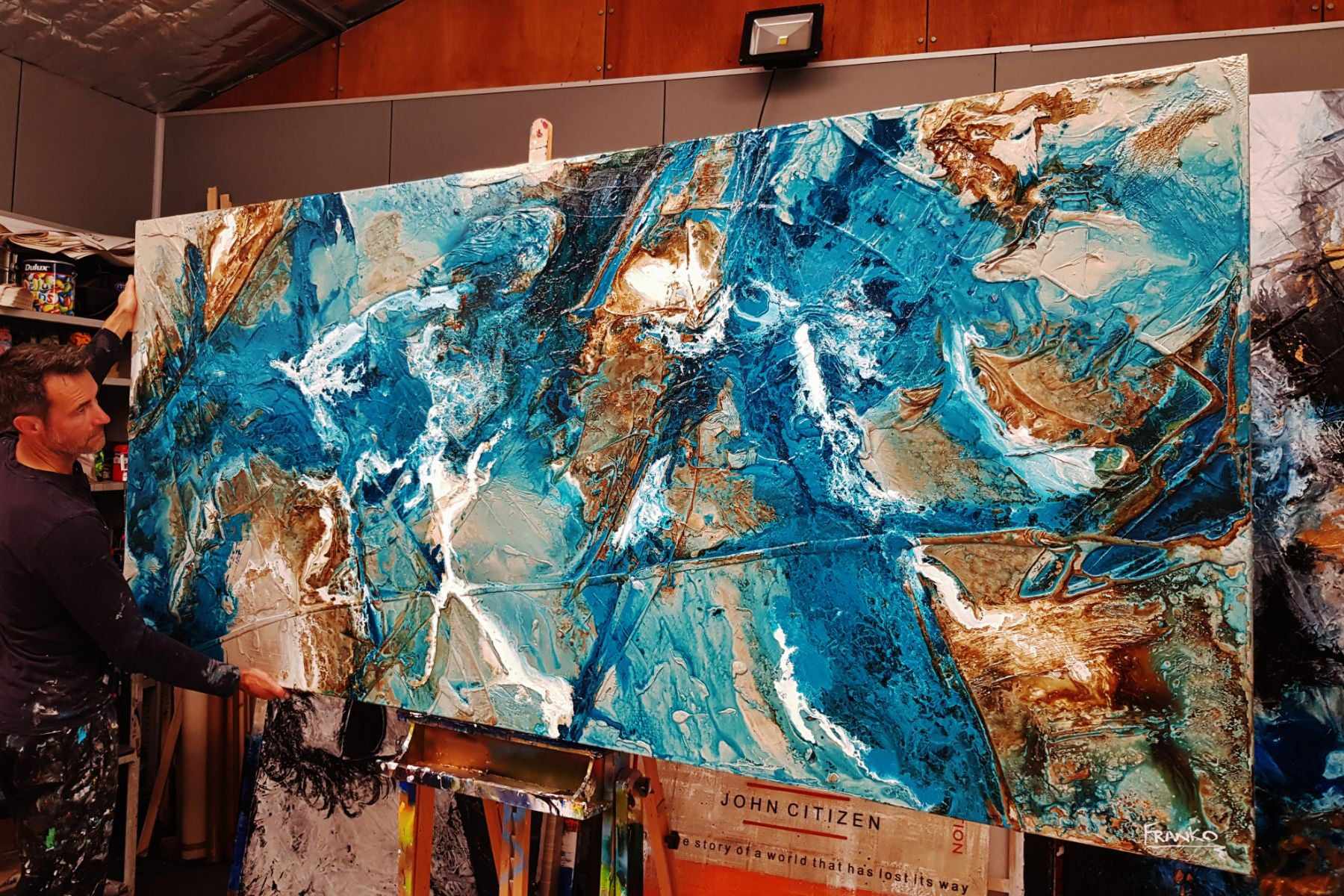 Aquatic Honey 270cm x 120cm Turquoise White Textured Abstract Painting (SOLD)-Abstract-[Franko Artist]-[Gold Coast]-[Brisbane]-[Huge]-Franklin Art Studio