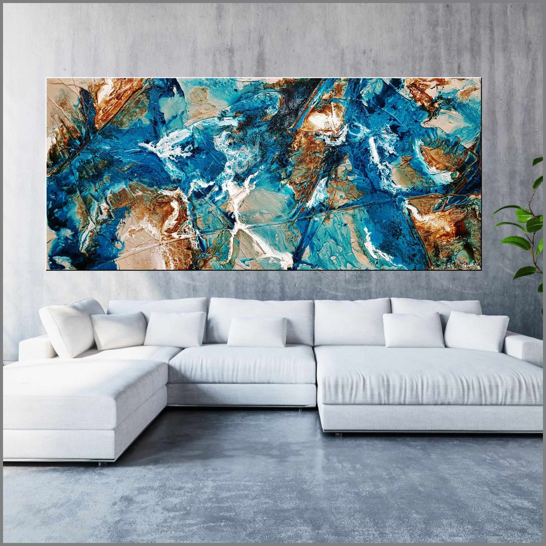 Aquatic Honey 270cm x 120cm Turquoise White Textured Abstract Painting (SOLD)-Abstract-Franko-[huge]-[Australian]-[best Selling]-Franklin Art Studio