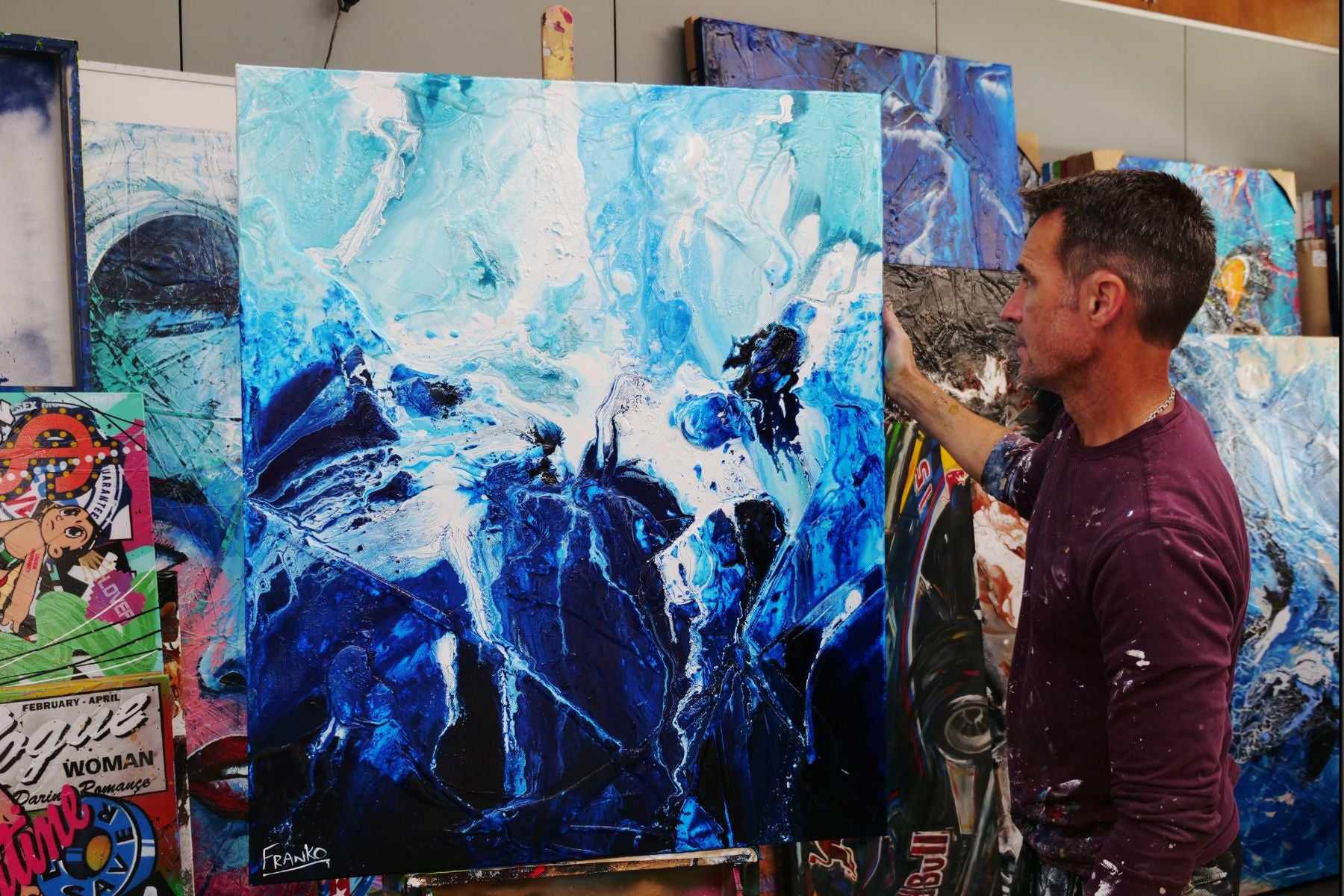 Aquatic Mantle 120cm x 100cm Blue White Textured Abstract Painting (SOLD)-Abstract-[Franko Artist]-[Gold Coast]-[Brisbane]-[Huge]-Franklin Art Studio