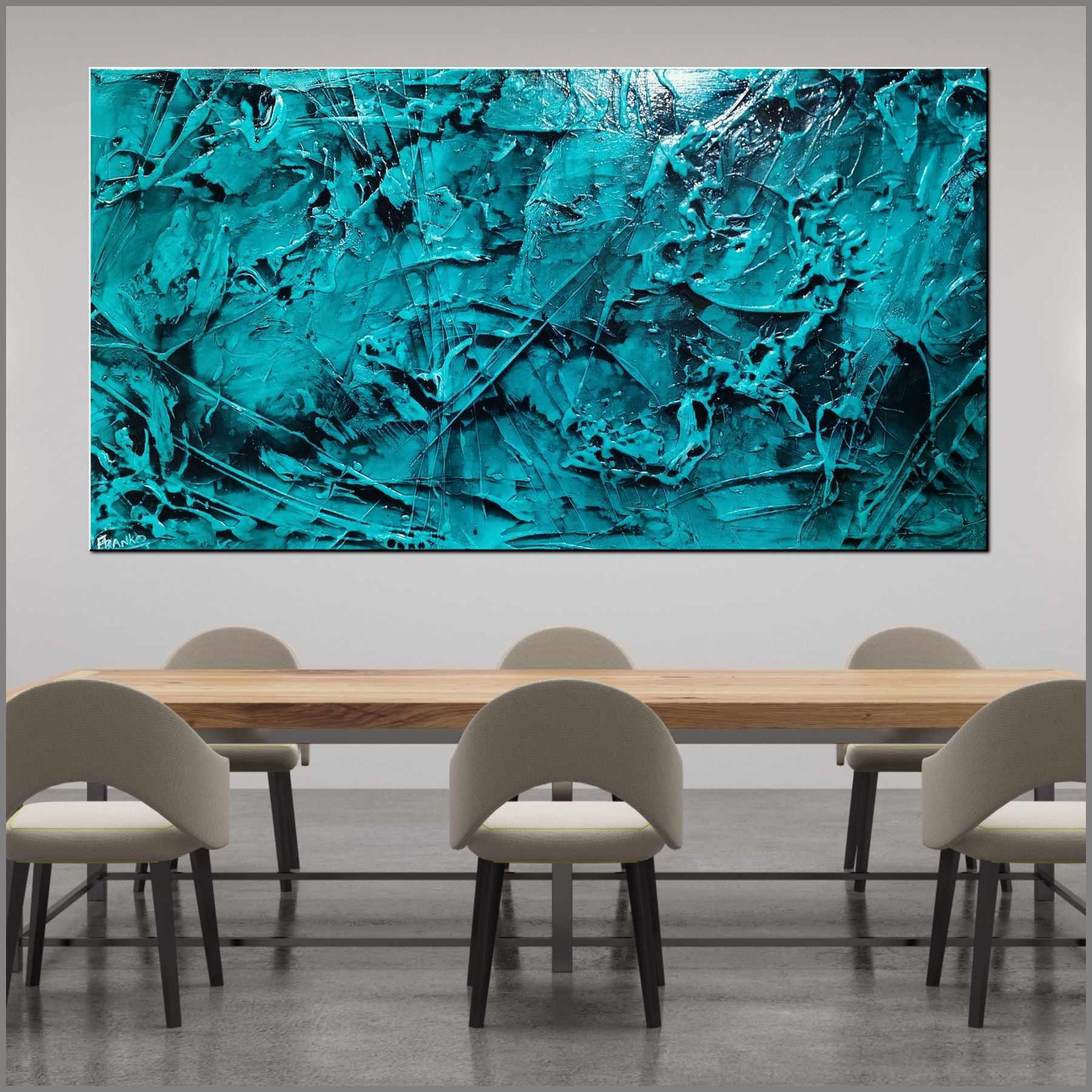 Aquatic Resonance 190cm x 100cm Teal Ink Textured Abstract Painting (SOLD)-Abstract-Franko-[Franko]-[huge_art]-[Australia]-Franklin Art Studio