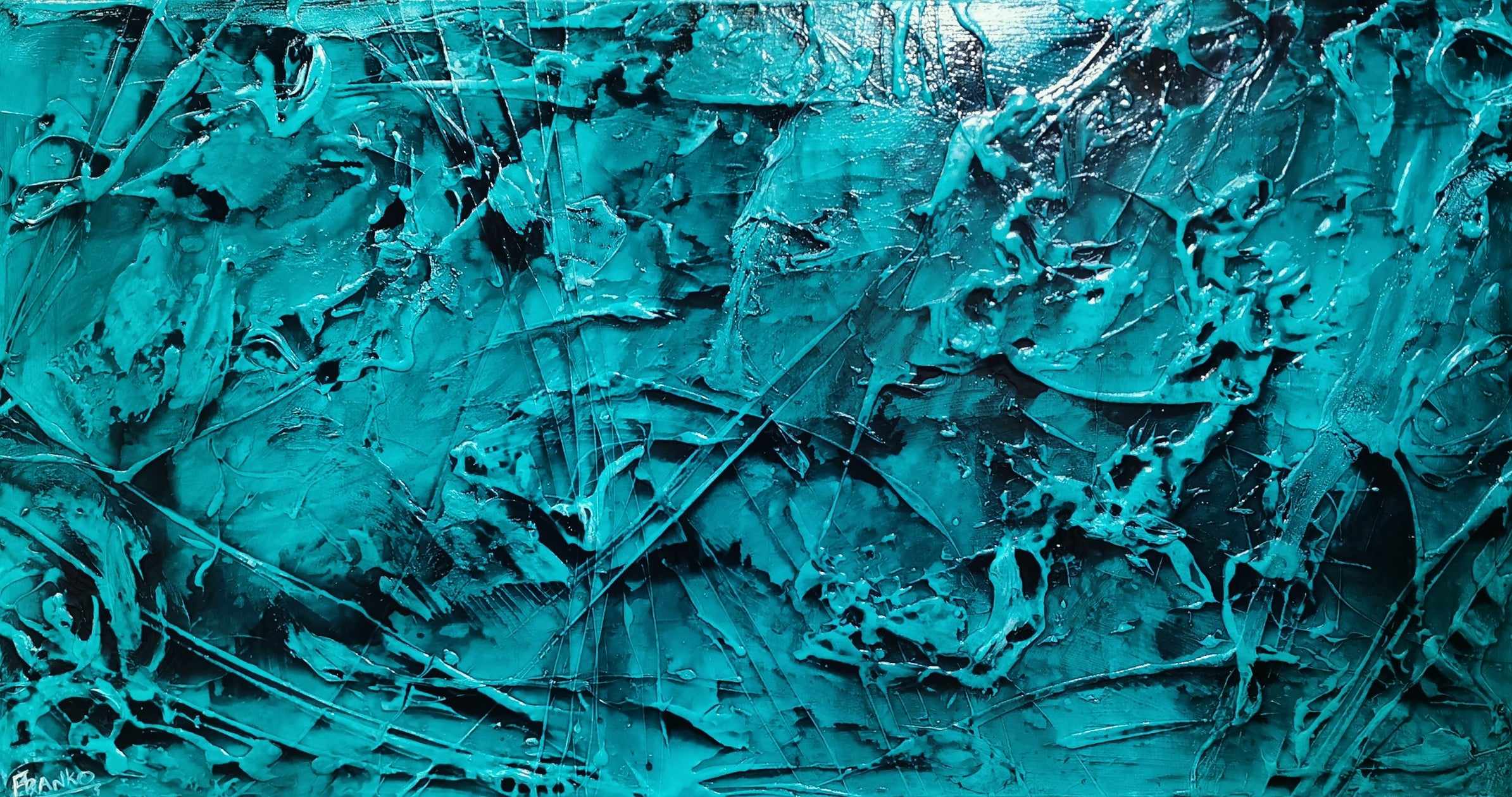 Aquatic Resonance 190cm x 100cm Teal Ink Textured Abstract Painting (SOLD)-Abstract-Franko-[Franko]-[Australia_Art]-[Art_Lovers_Australia]-Franklin Art Studio