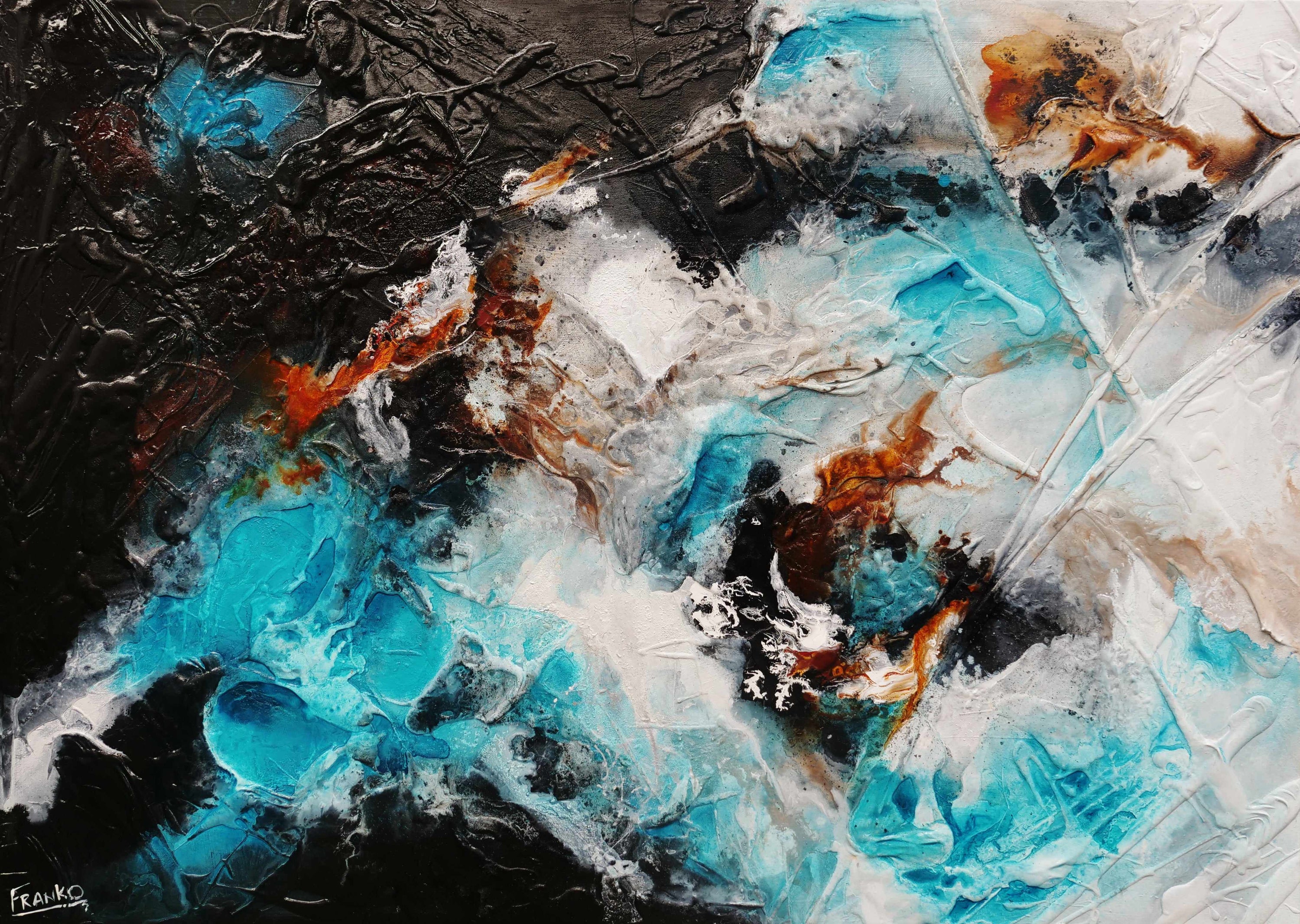 Aquatic Silk 140cm x 100cm Aqua Black Textured Abstract Painting (SOLD)-Abstract-Franko-[Franko]-[Australia_Art]-[Art_Lovers_Australia]-Franklin Art Studio