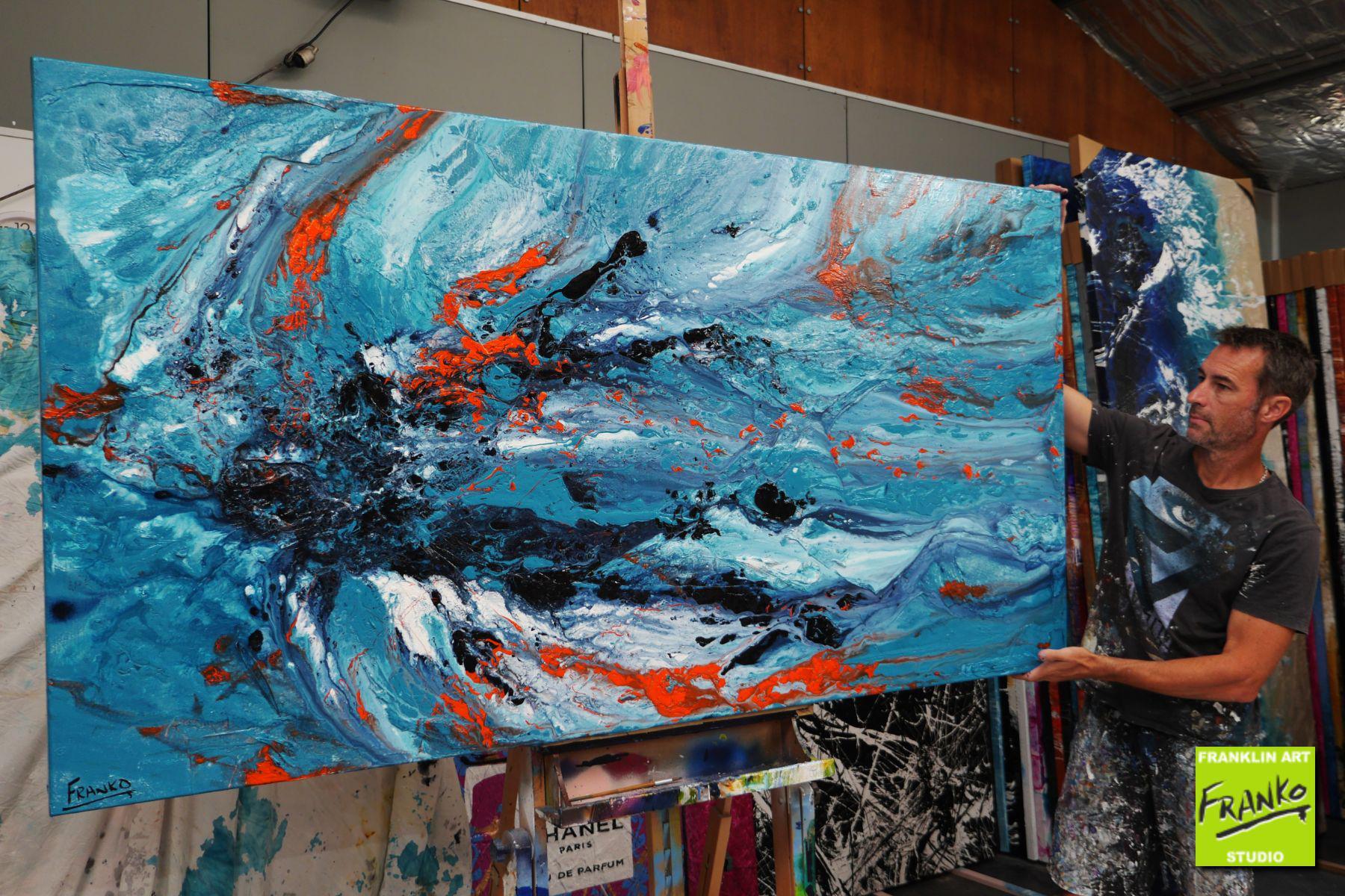 Aquatic Silk 190cm x 100cm Blue Orange Textured Abstract Painting (SOLD)-Abstract-[Franko Artist]-[Gold Coast]-[Brisbane]-[Huge]-Franklin Art Studio