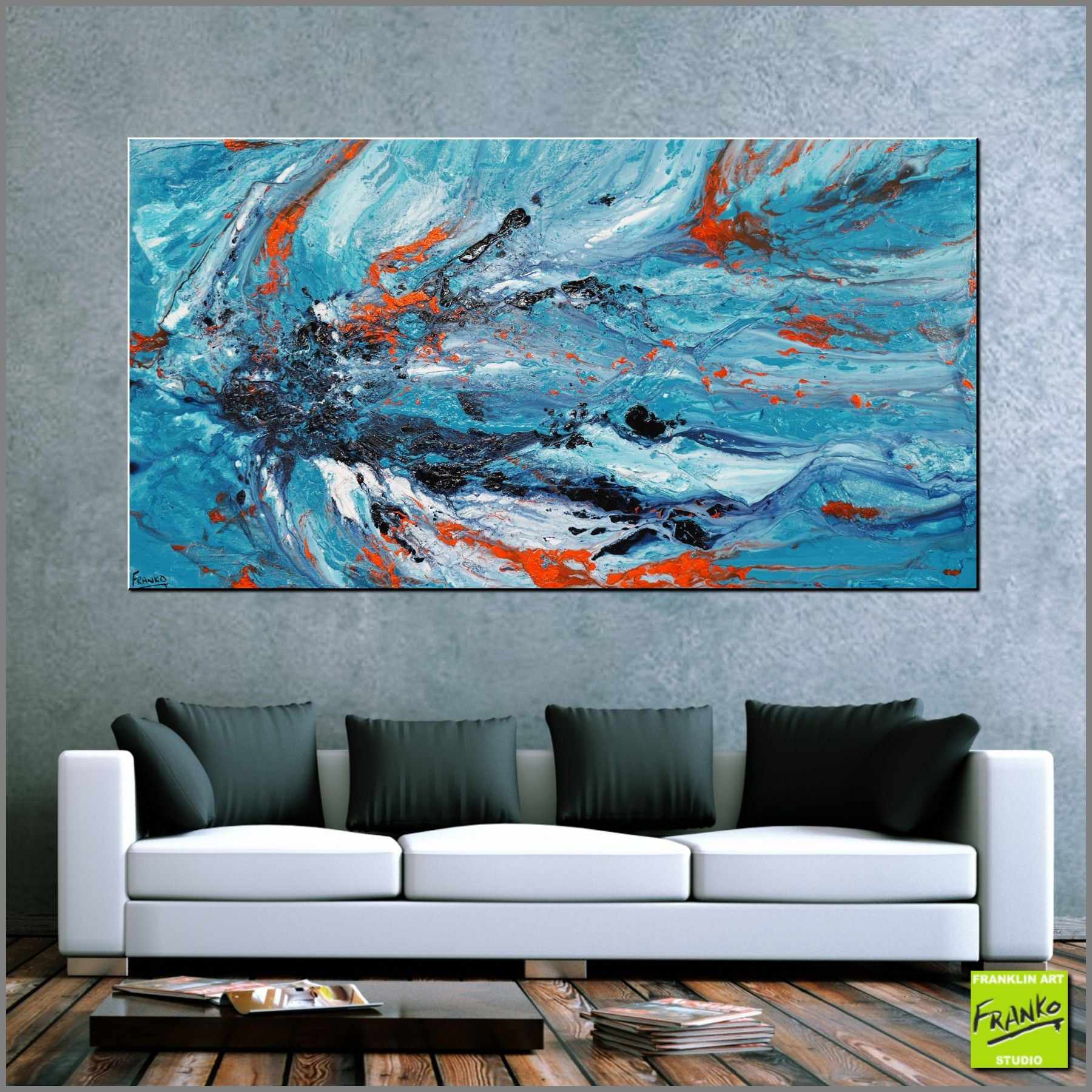 Aquatic Silk 190cm x 100cm Blue Orange Textured Abstract Painting (SOLD)-Abstract-Franko-[huge]-[Australian]-[best Selling]-Franklin Art Studio