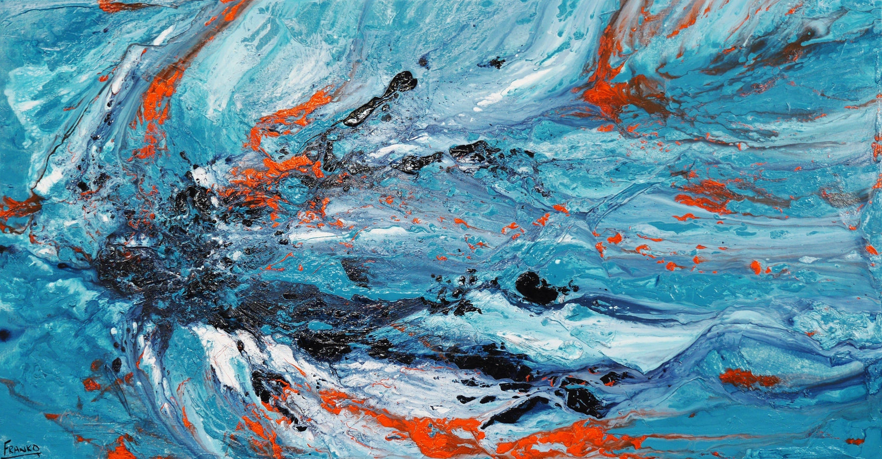 Aquatic Silk 190cm x 100cm Blue Orange Textured Abstract Painting (SOLD)-Abstract-[Franko ]-[Gallery]-[popular]-[Australia]-Franklin Art Studio