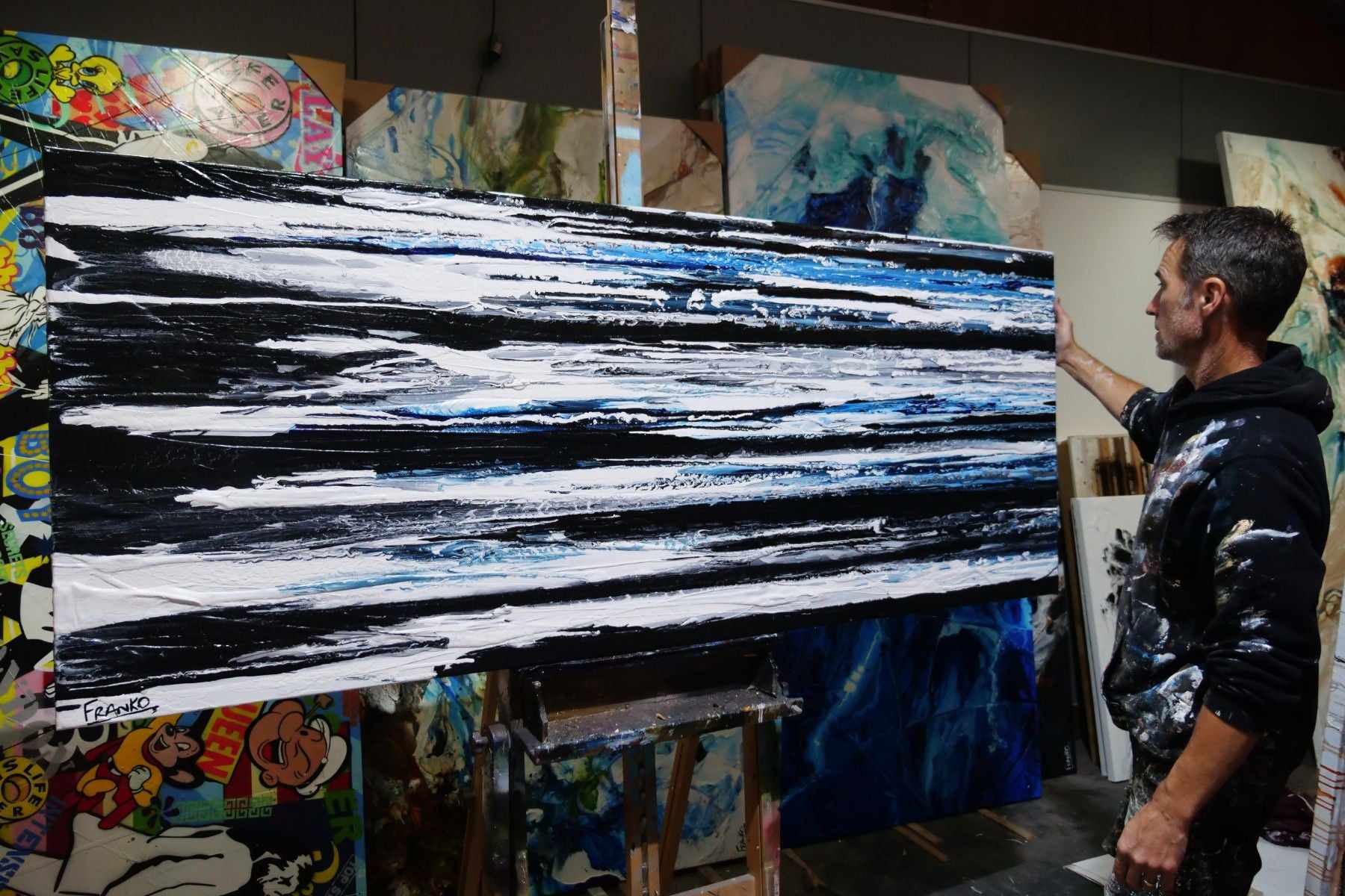 Arctic Prush 200cm x 80cm Black White Blue Textured Abstract Painting (SOLD)-Abstract-Franko-[franko_artist]-[Art]-[interior_design]-Franklin Art Studio