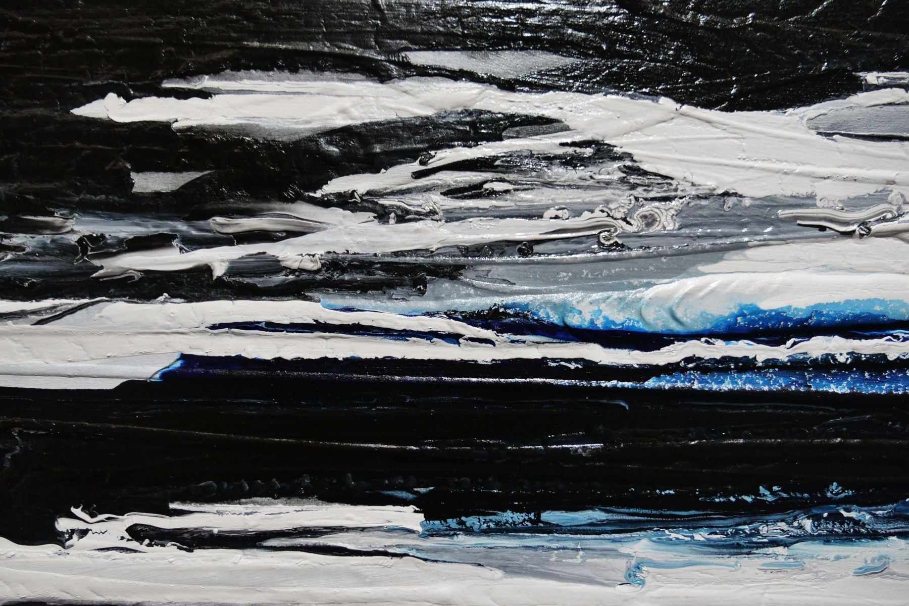 Arctic Prush 200cm x 80cm Black White Blue Textured Abstract Painting (SOLD)
