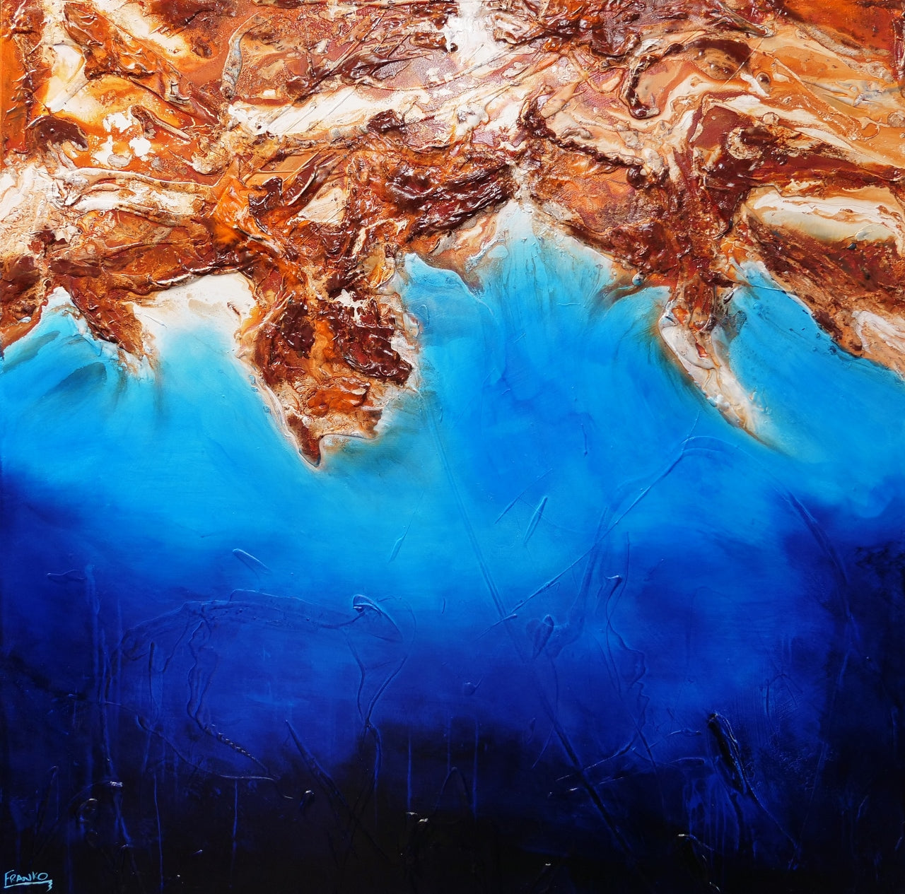 Arid Coast 150cm x 150cm Blue Oxide Textured Abstract Painting-Abstract-Franko-[Franko]-[Australia_Art]-[Art_Lovers_Australia]-Franklin Art Studio
