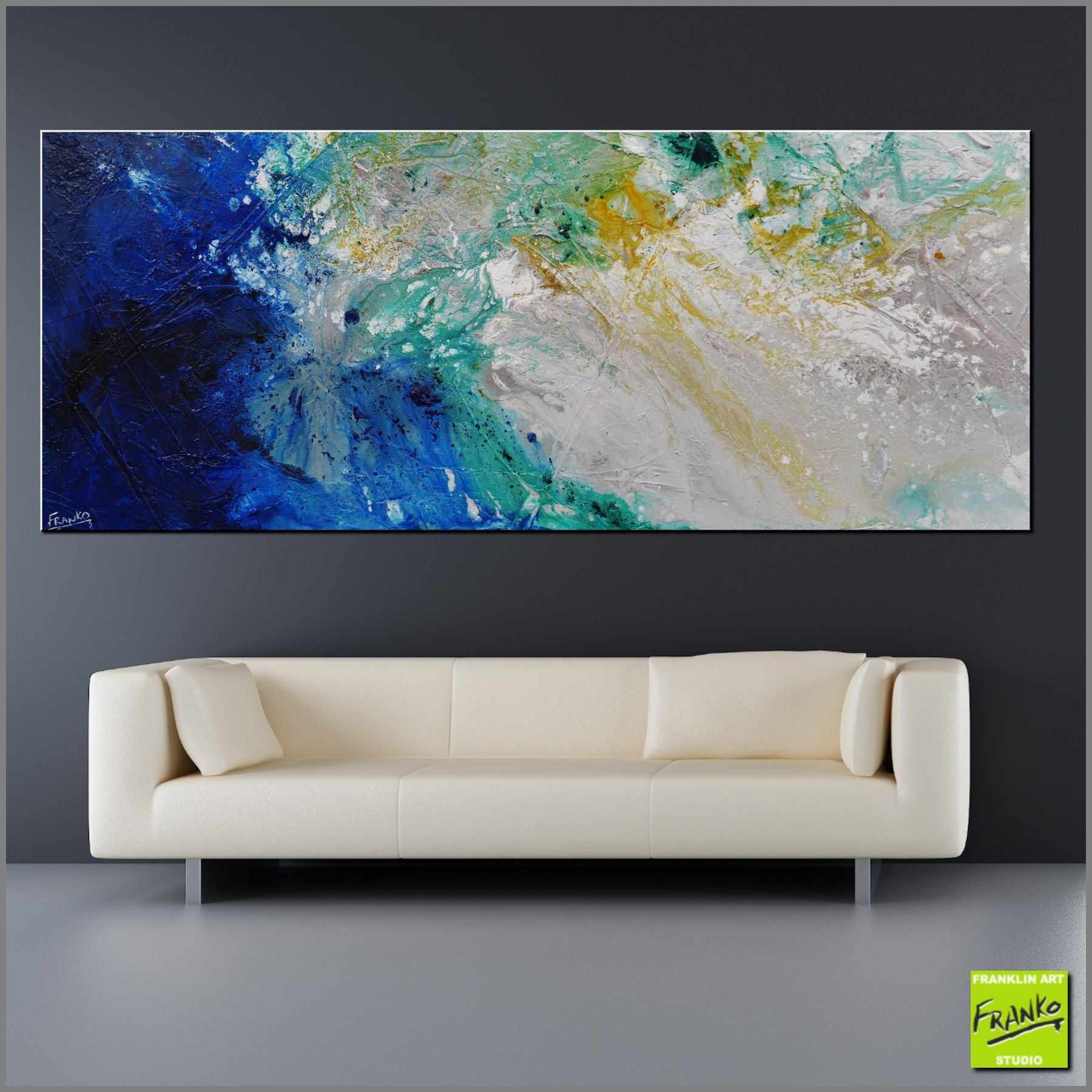 Atmosphere 200cm x 80cm Blue Green Grey Textured Abstract Painting (SOLD)-Abstract-Franko-[Franko]-[huge_art]-[Australia]-Franklin Art Studio