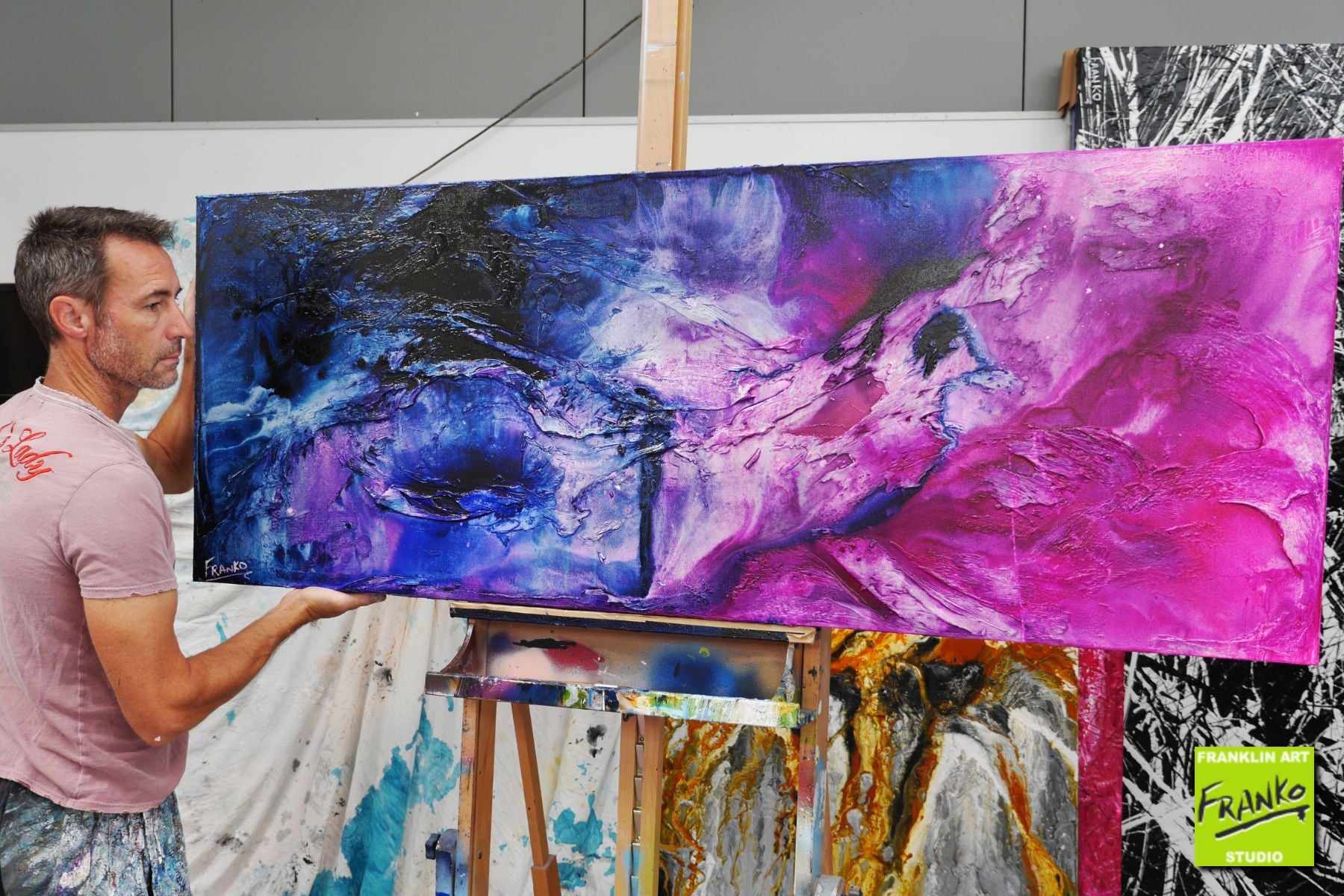 Atomic Kitten 160cm x 60cm Black White Pink Blue Textured Abstract Painting (SOLD)-Abstract-[Franko Artist]-[Gold Coast]-[Brisbane]-[Huge]-Franklin Art Studio