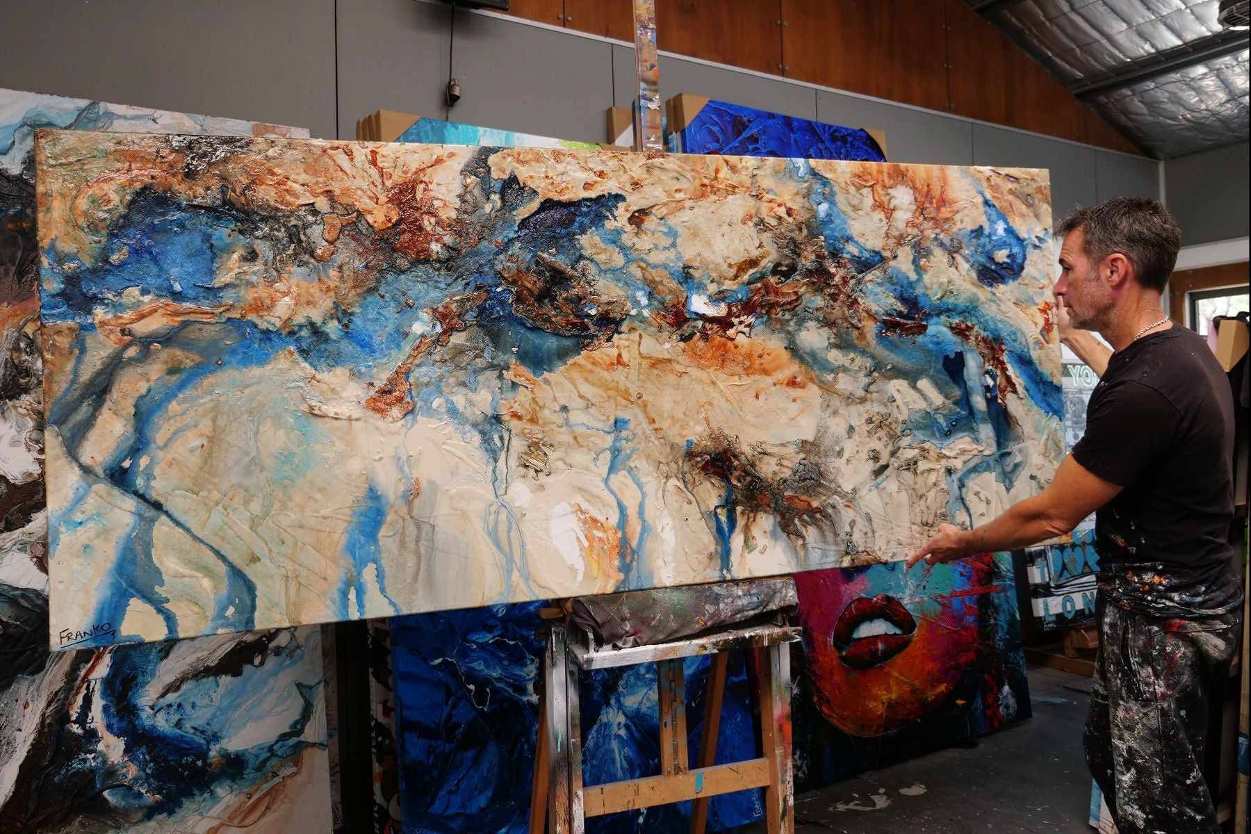 Australian Class 240cm x 100cm Cream Blue Textured Abstract Painting (SOLD)-Abstract-Franko-[franko_art]-[beautiful_Art]-[The_Block]-Franklin Art Studio