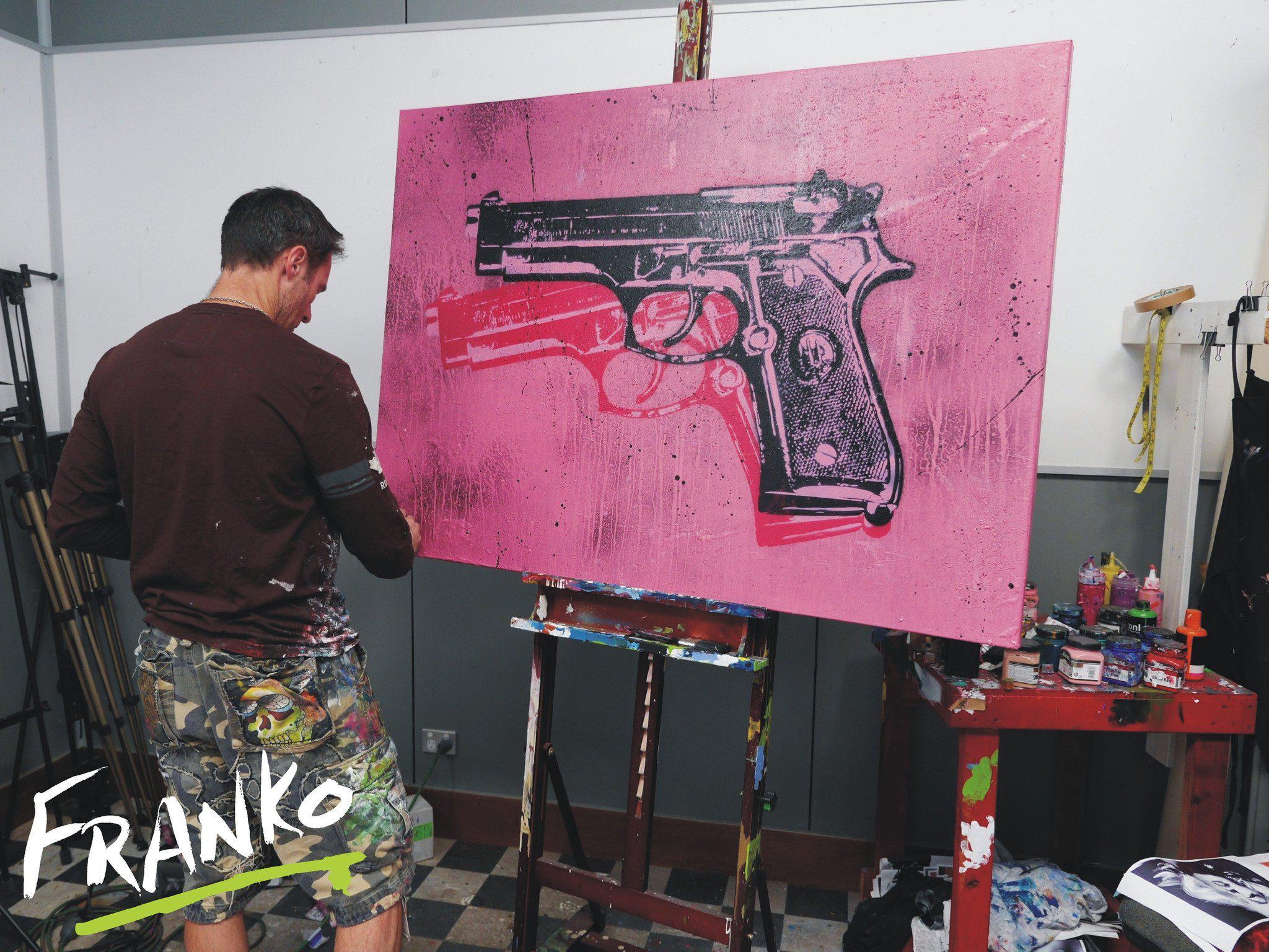 Bang Bang Warhol Two 140cm x 100cm Guns Pink Pop Art Painting (SOLD)-urban pop-[Franko]-[Artist]-[Australia]-[Painting]-Franklin Art Studio