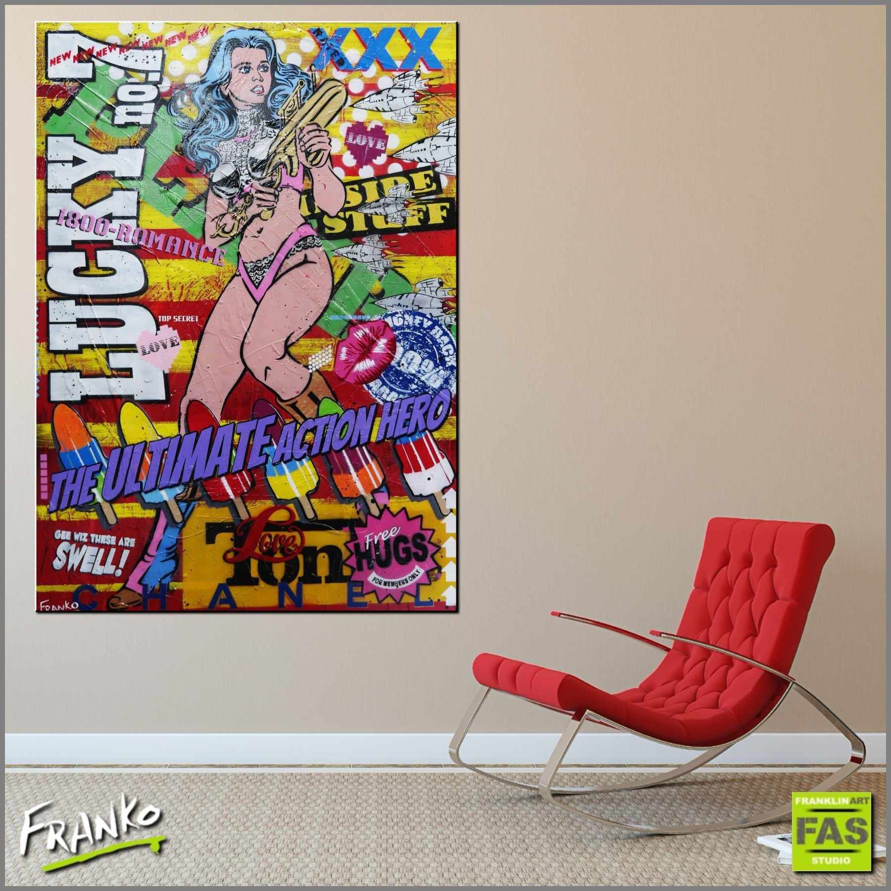 Barbarella - A New Beginning 140cm x 100cm Barbarella Pop Art Painting (SOLD)-urban pop-[Franko_Artist]-[Australian_artist]-[Gold_Coast]-[Brisbane]-[modern]-[contemporary]-[original]-[Large_artwork]-[The_Block]-[Dream_Homes]-[ideas]-[Grand_Designs]-[Art_Lover]-Franklin Art Studio