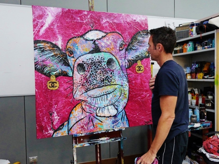 Be Inspired! Pink Cow Udderly (SOLD)-people-[Franko Artist]-[Cheryl]-[Wendy]-[Gabriela]-Franklin Art Studio