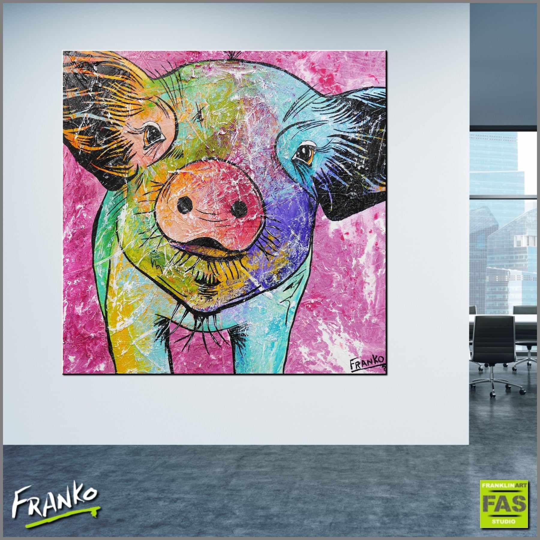 Bevan (First Little Piggie) 100cm x 100cm Pig Painting (SOLD)-urban pop-Franko-[Franko]-[huge_art]-[Australia]-Franklin Art Studio