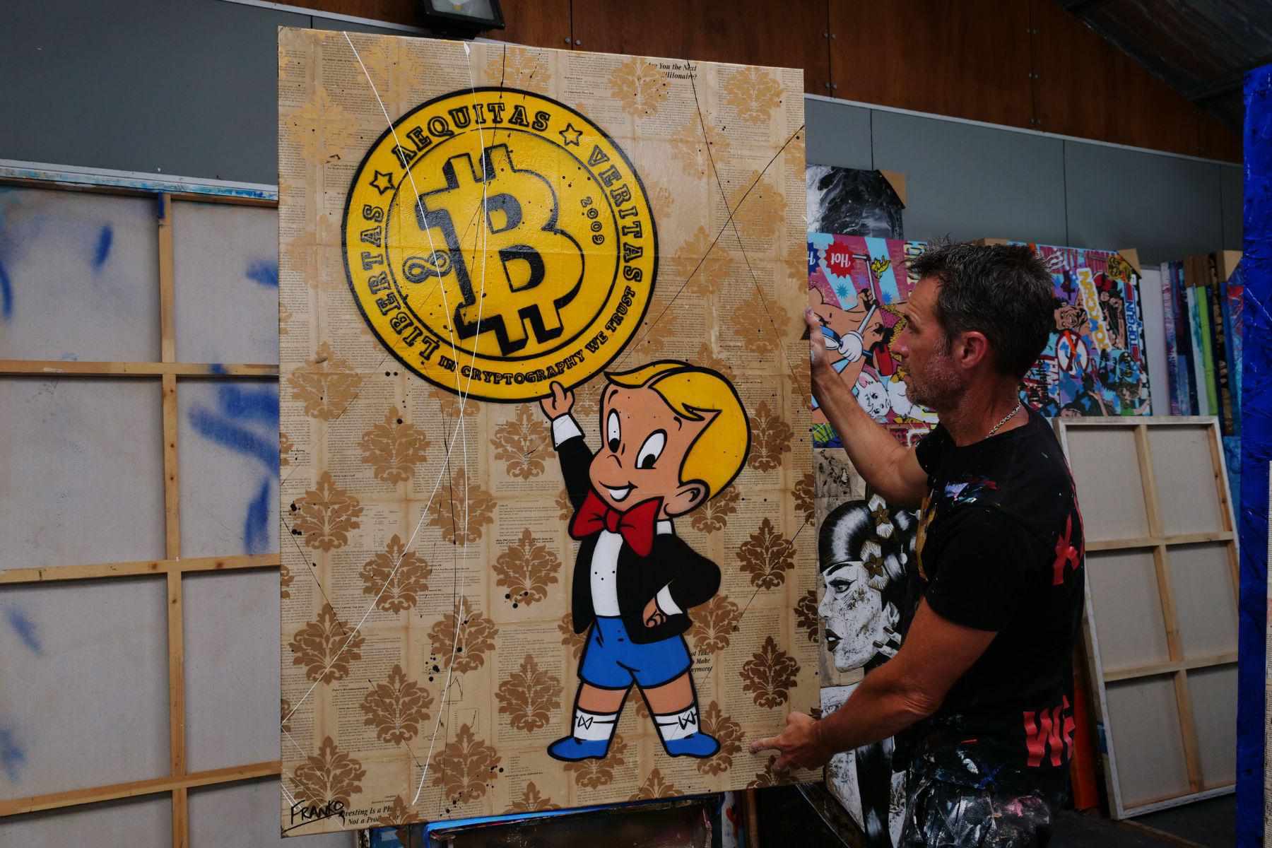 Bitcoin Futures 140cm x 100cm Richie Rich Bitcoin Urban Pop Book Club Painting (SOLD)-book club-[Franko Artist]-[Gold Coast]-[Brisbane]-[Huge]-Franklin Art Studio