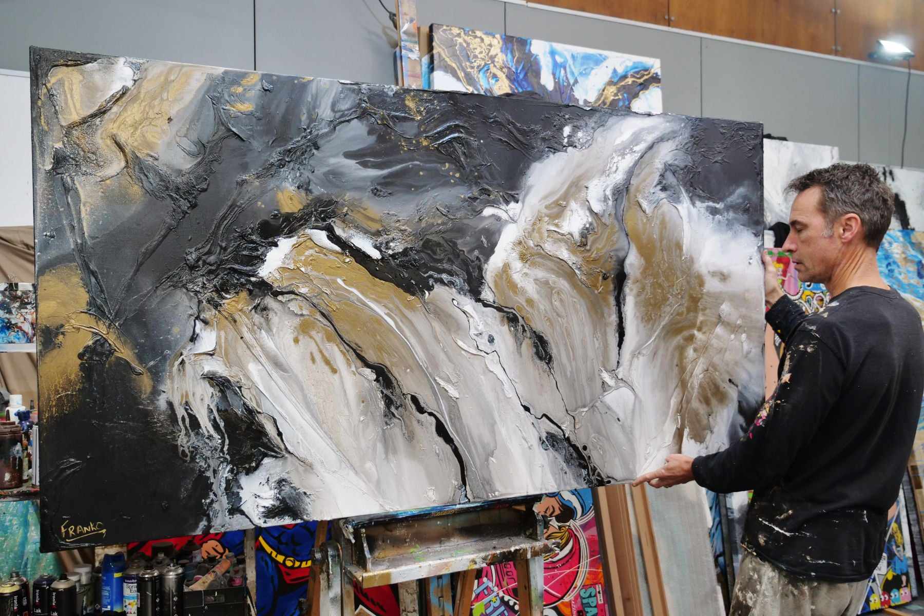 Black Jack Bullion 190cm x 100cm Black Gold Textured Abstract Painting (SOLD DONNA)-Abstract-[Franko Artist]-[The Block]-[Dream Homes]-[ideas]-Franklin Art Studio