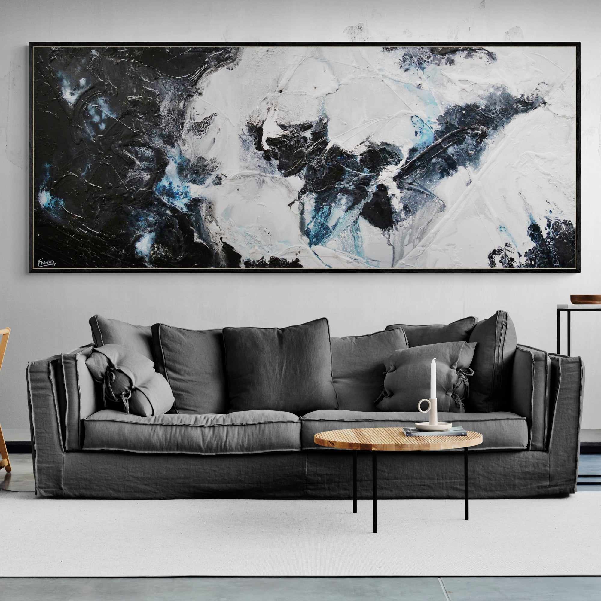 Black Sambuca 240cm x 100cm Black Grey White Textured Abstract Painting-Abstract-Franko-[franko_art]-[beautiful_Art]-[The_Block]-Franklin Art Studio
