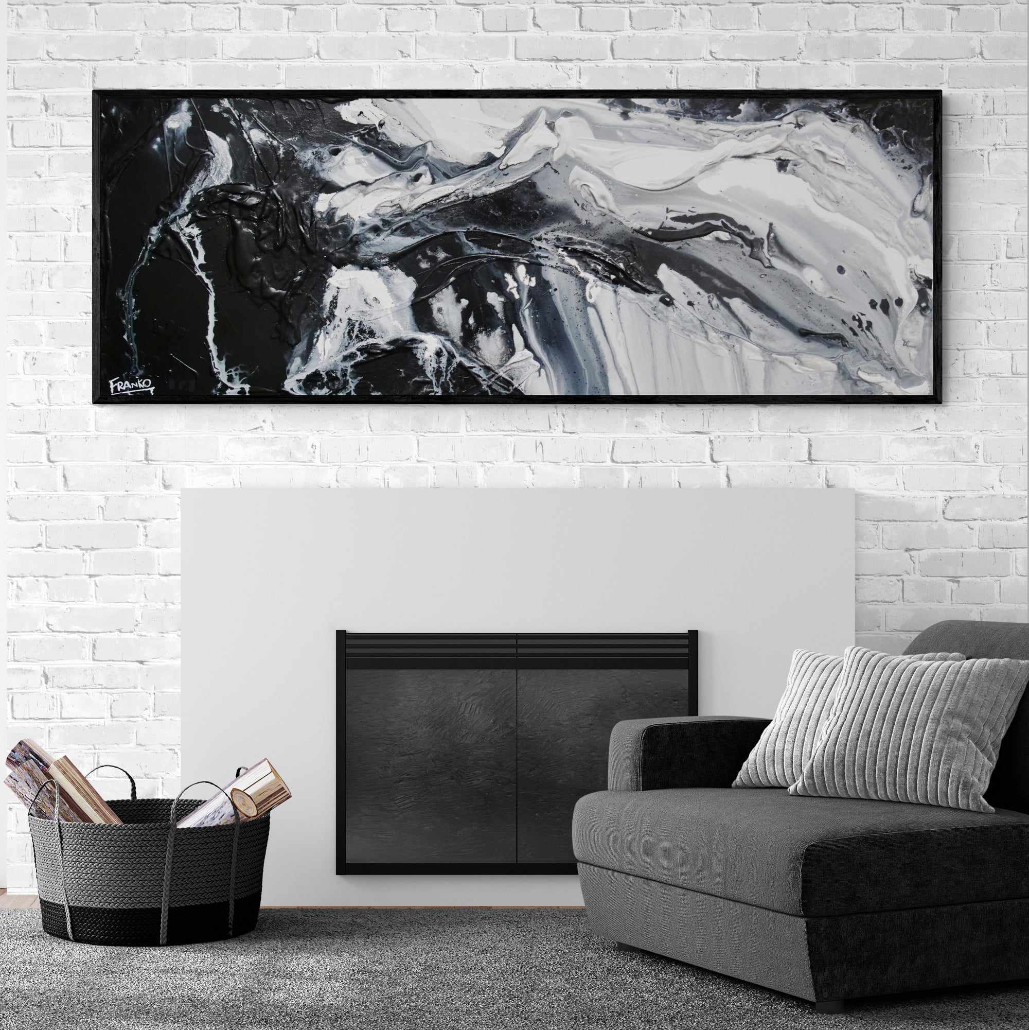Black Slider 160cm x 60cm Black White Textured Abstract Painting (SOLD)-Abstract-Franko-[franko_artist]-[Art]-[interior_design]-Franklin Art Studio