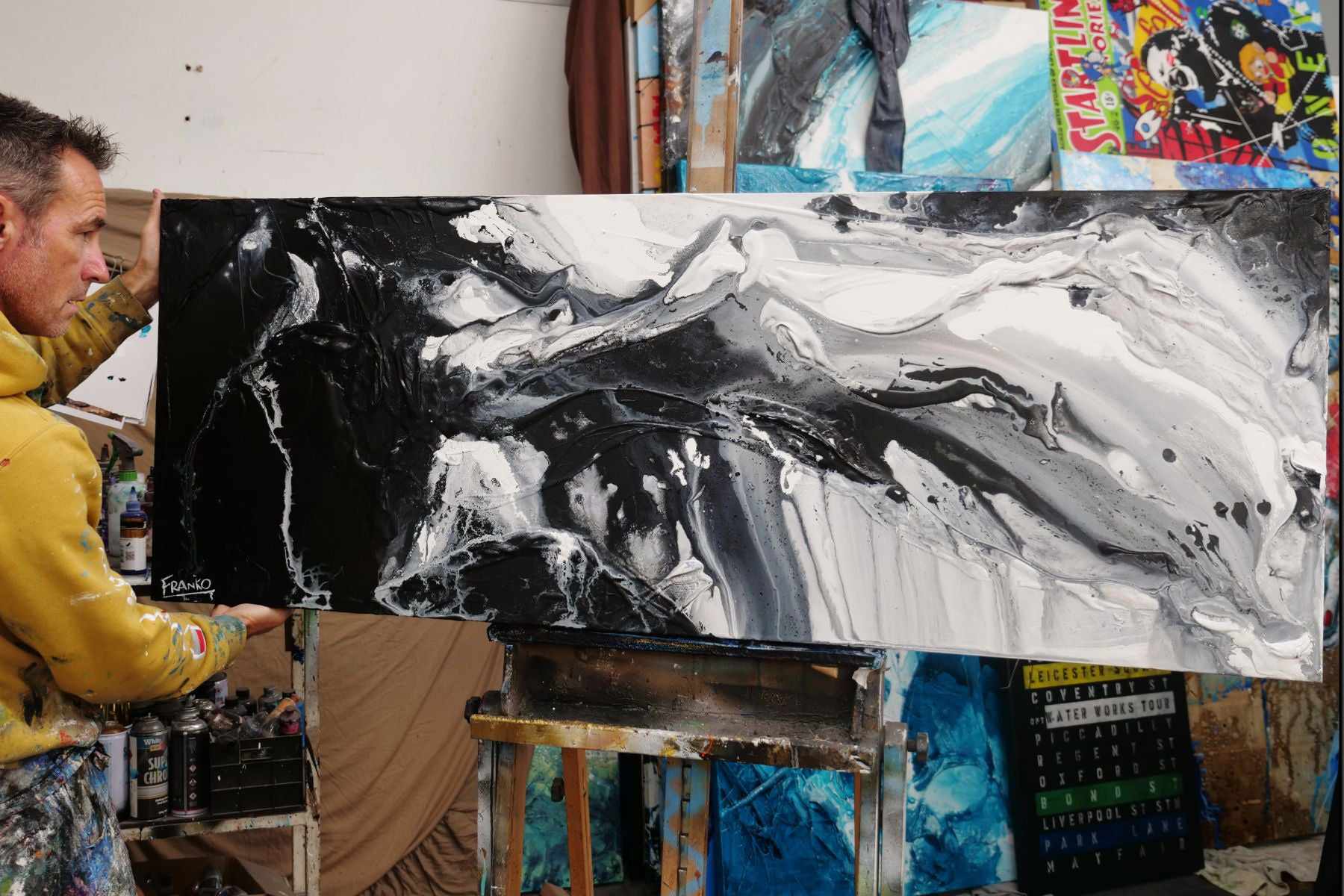 Black Slider 160cm x 60cm Black White Textured Abstract Painting (SOLD)-Abstract-[Franko Artist]-[The Block]-[Dream Homes]-[ideas]-Franklin Art Studio