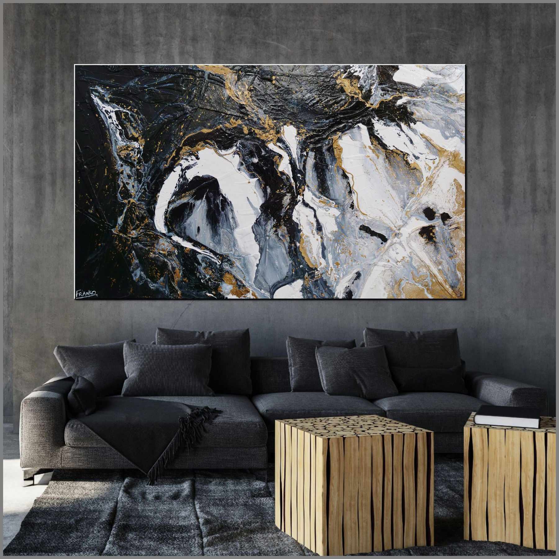 Blackened Gold Rapture 200cm x 120cm Black Grey Gold Textured Abstract Painting (SOLD)-Abstract-Franko-[Franko]-[huge_art]-[Australia]-Franklin Art Studio