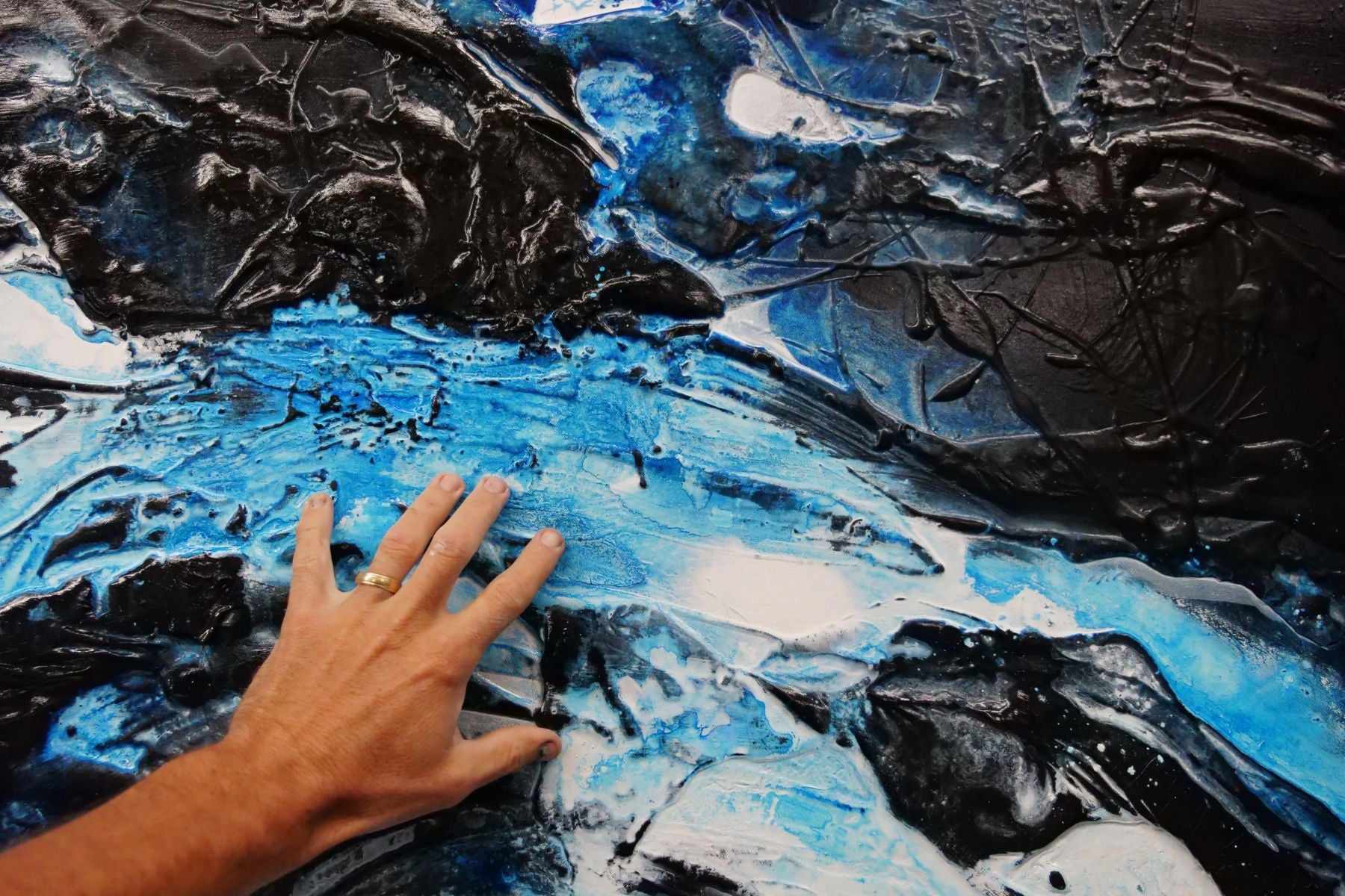 Blackened Rain 270cm x 120cm Black Blue Textured Abstract Painting (SOLD)-Abstract-Franko-[franko_art]-[beautiful_Art]-[The_Block]-Franklin Art Studio