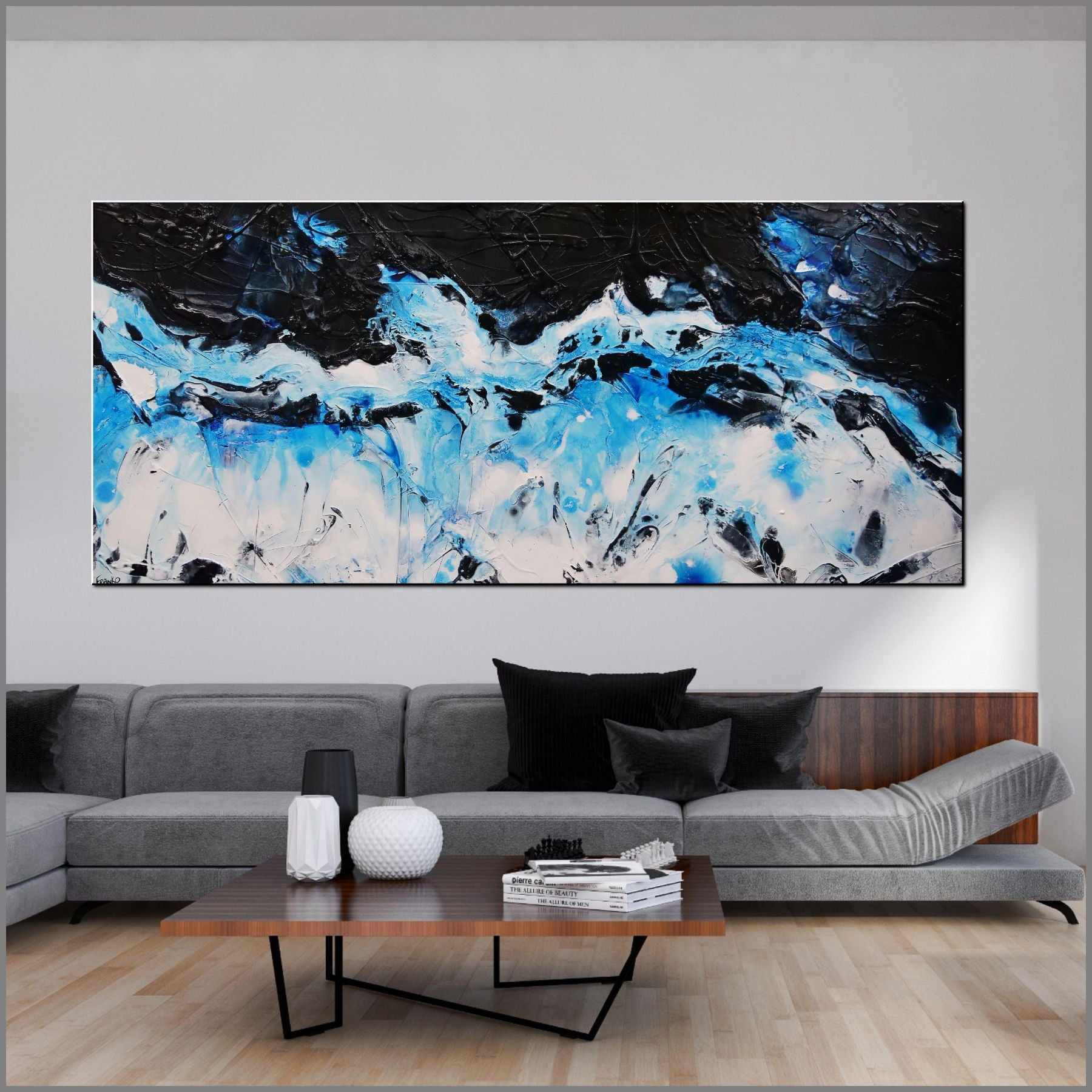 Blackened Rain 270cm x 120cm Black Blue Textured Abstract Painting (SOLD)-Abstract-Franko-[Franko]-[huge_art]-[Australia]-Franklin Art Studio