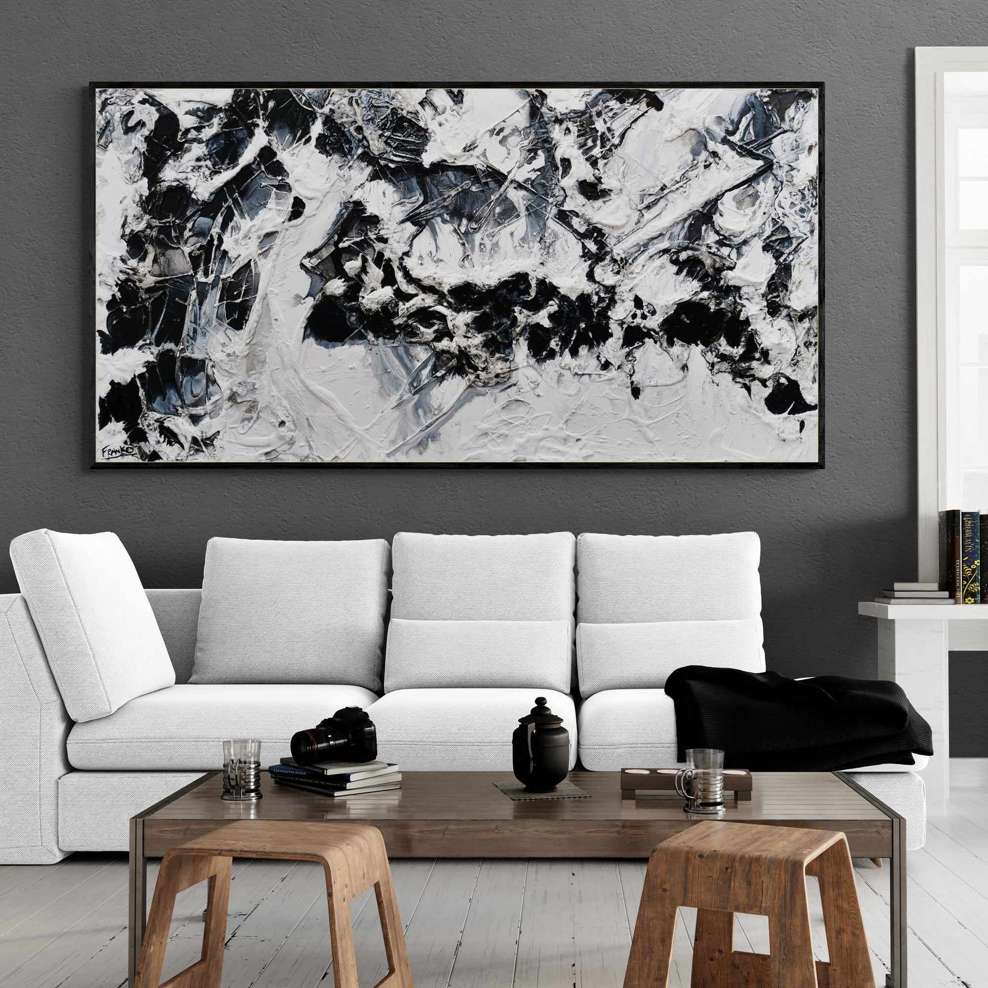 Bliss 190cm x 100cm Black White Textured Abstract Painting (SOLD)-Abstract-[Franko Artist]-[Cheryl]-[Wendy]-[Gabriela]-Franklin Art Studio