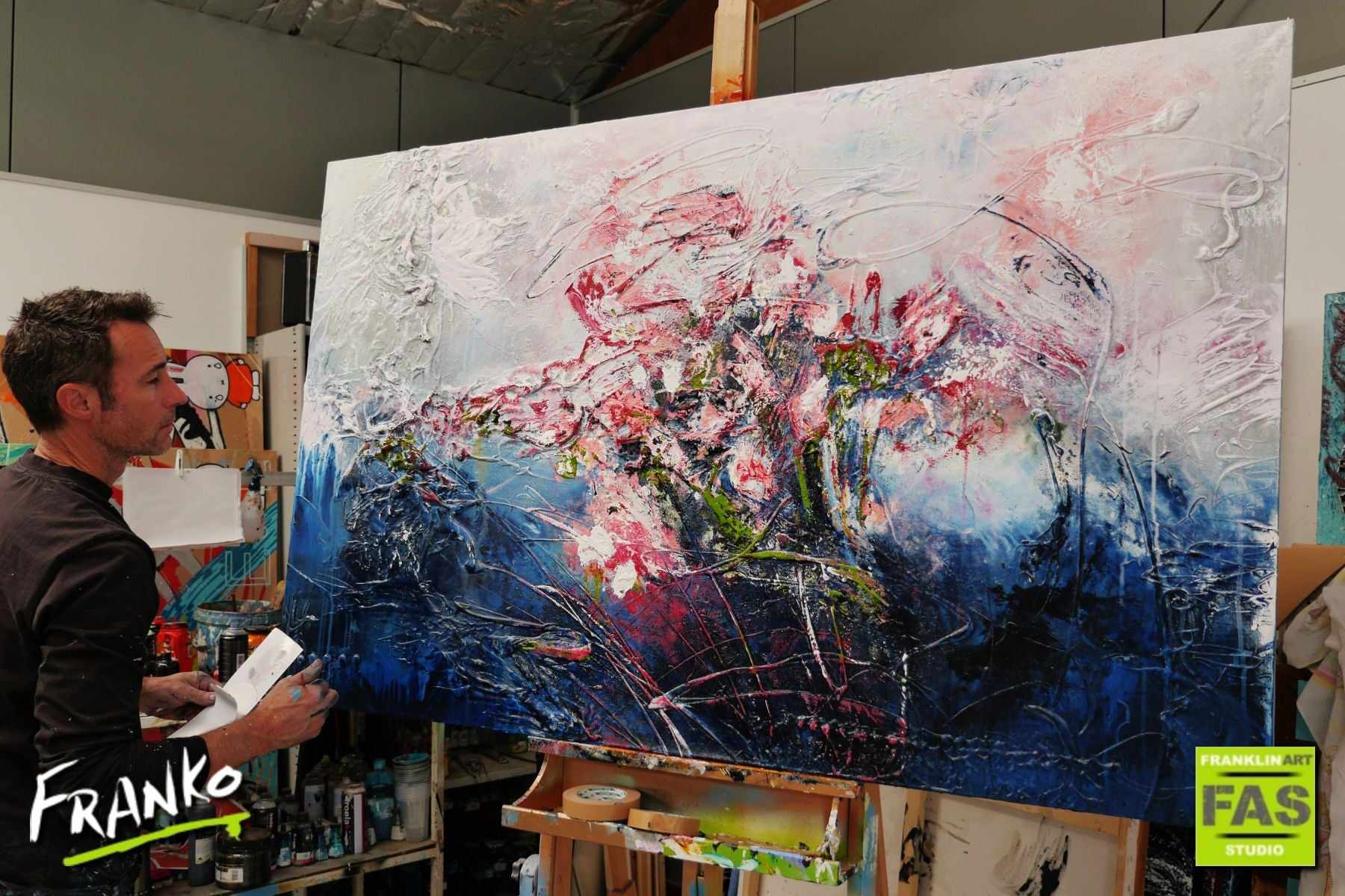 Blu Bloom 160cm x 100cm Blue Grey Pink Textured Abstract Painting (SOLD)-Abstract-[Franko Artist]-[Gold Coast]-[Brisbane]-[Huge]-Franklin Art Studio