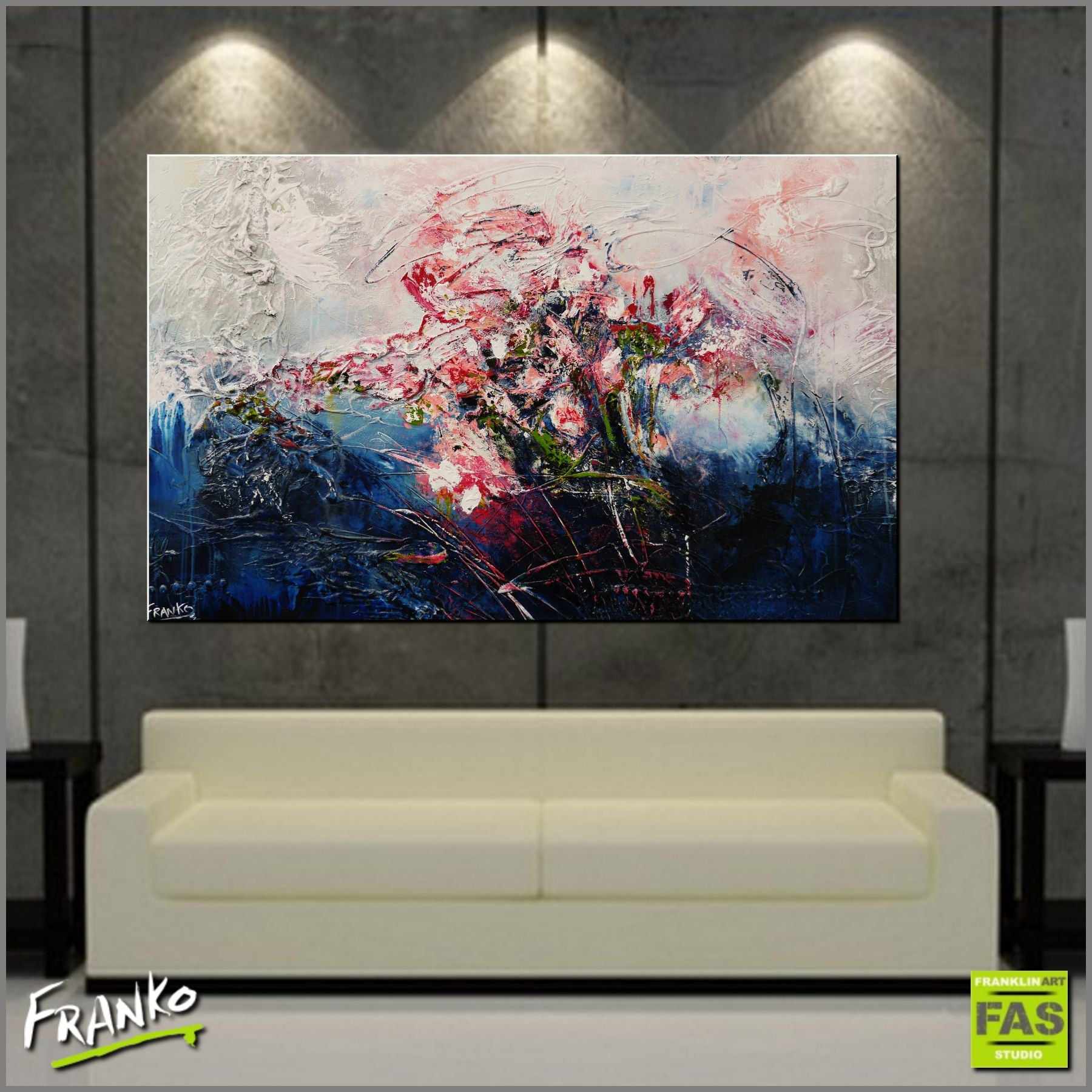 Blu Bloom 160cm x 100cm Blue Grey Pink Textured Abstract Painting (SOLD)-Abstract-Franko-[Franko]-[huge_art]-[Australia]-Franklin Art Studio