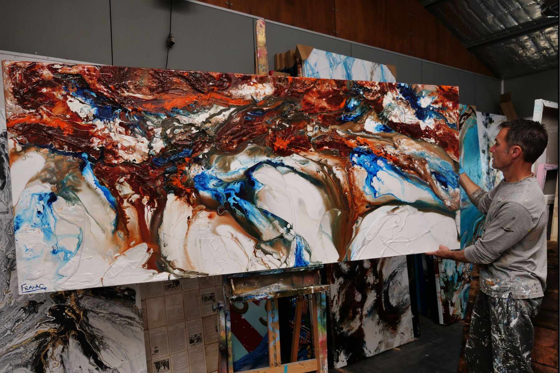 Blu Coast 240cm x 100cm Blue Cream Textured Abstract Painting (SOLD)-Abstract-[Franko Artist]-[Gold Coast]-[Brisbane]-[Huge]-Franklin Art Studio