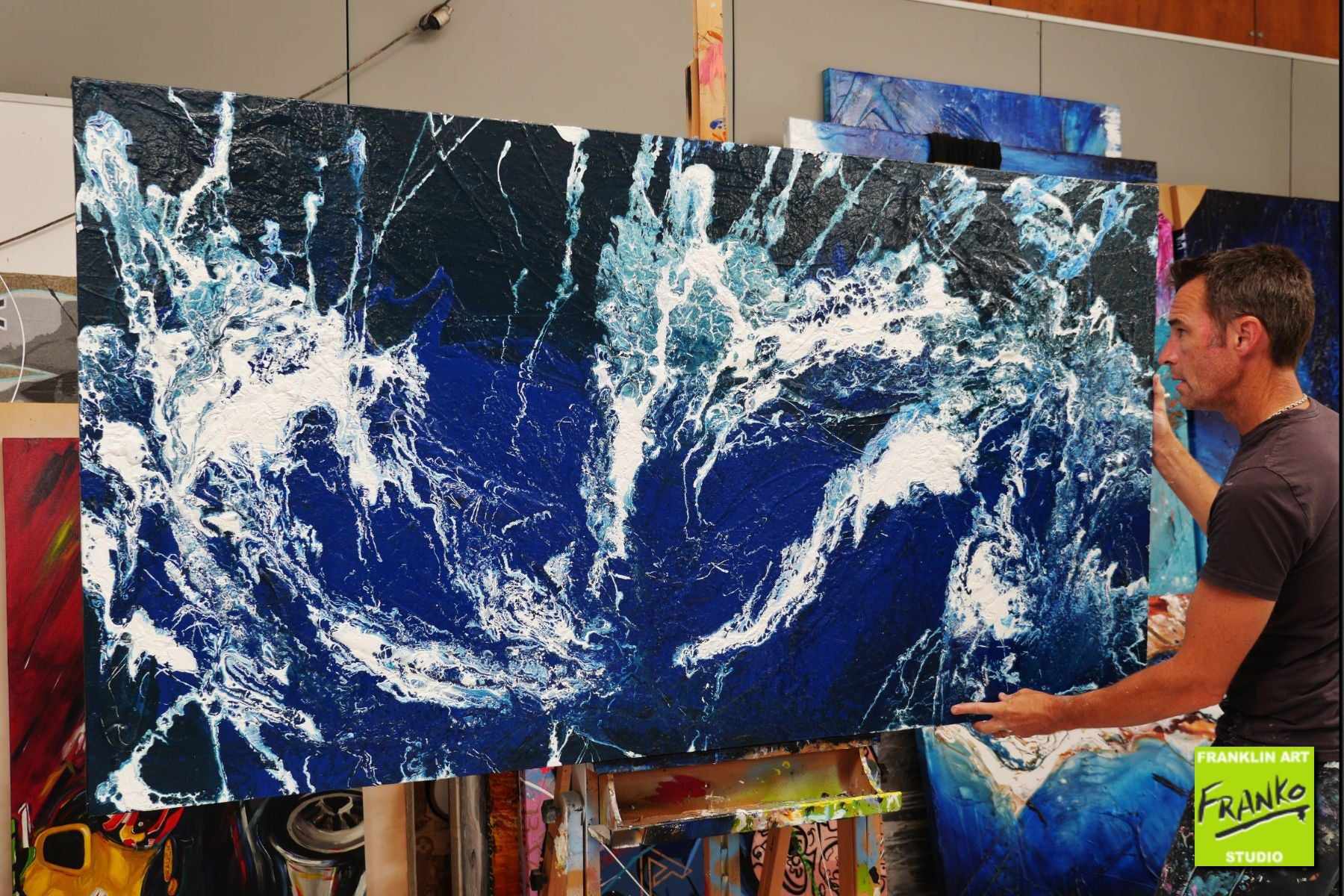 Blu Drift 190cm x 100cm White Blue Textured Abstract Painting (SOLD)-Abstract-Franko-[franko_artist]-[Art]-[interior_design]-Franklin Art Studio
