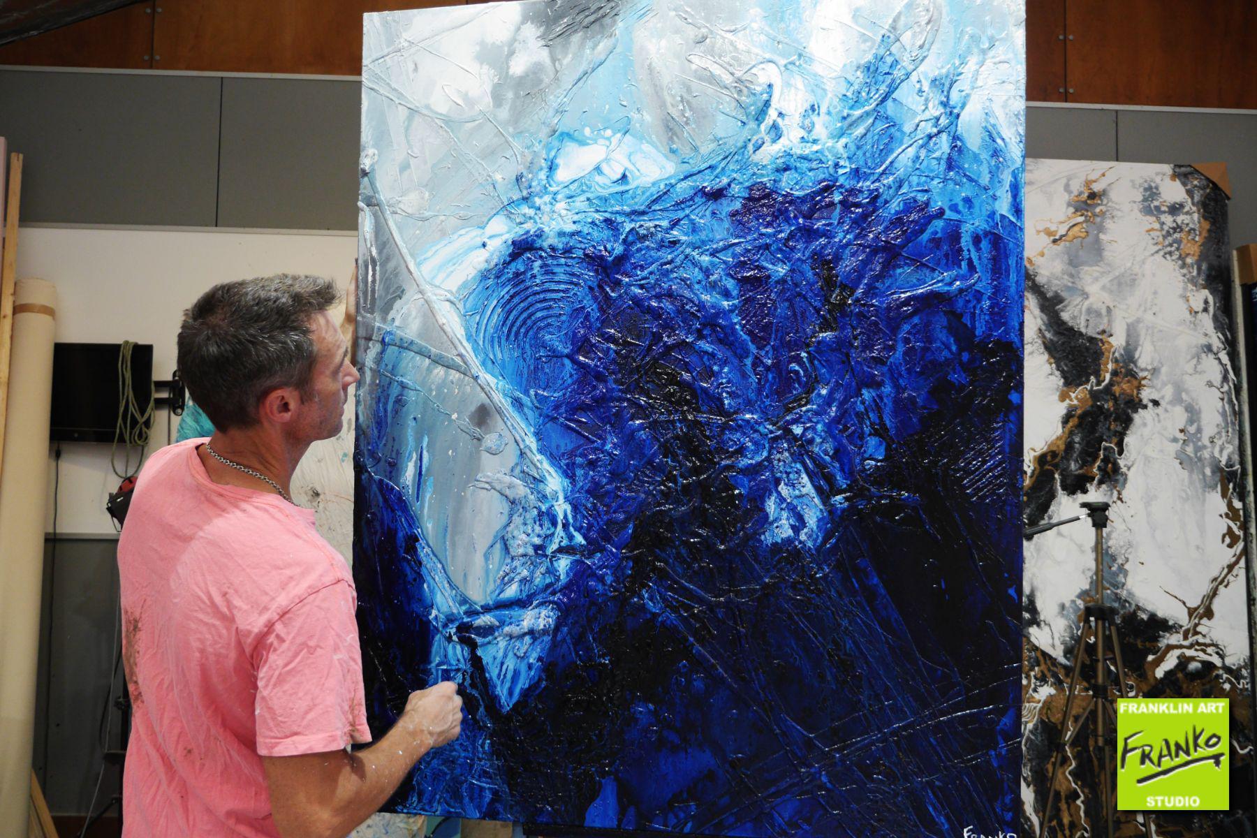 Blue Beat 120cm x 150cm Blue White Textured Abstract Painting (SOLD)-Abstract-[Franko Artist]-[Gold Coast]-[Brisbane]-[Huge]-Franklin Art Studio